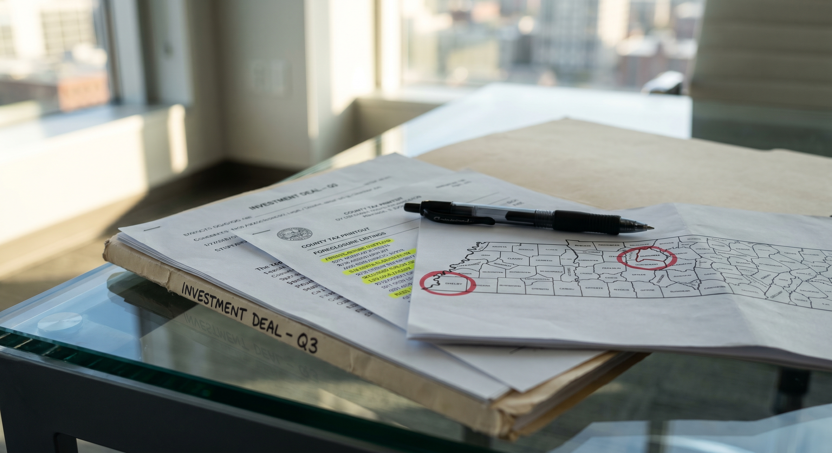 Legal documents and county property records showing highlighted foreclosure listings and Tennessee county maps