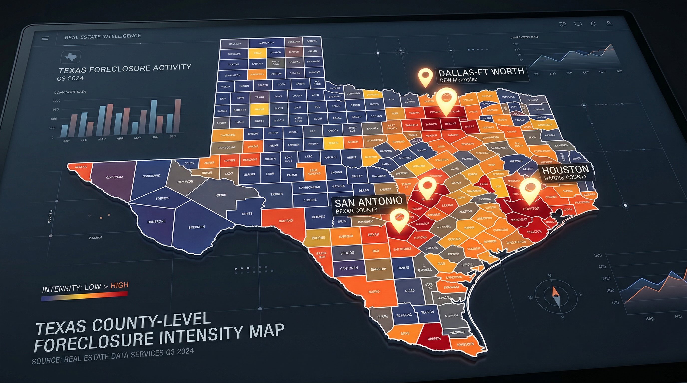 Stylized heat map of Texas showing foreclosure hotspots in Dallas-Fort Worth, Houston, San Antonio, and Austin metro areas with colored county overlays
