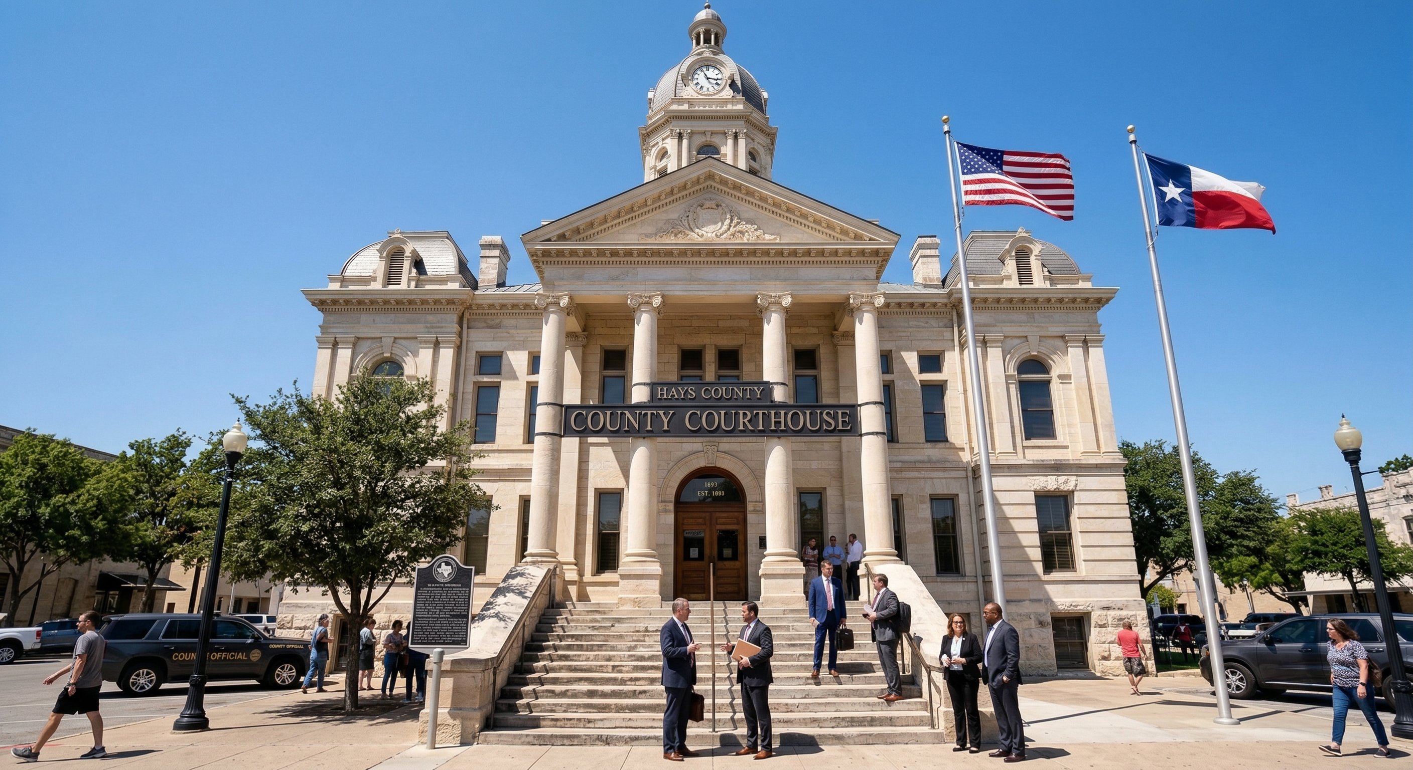Exterior of a Texas county courthouse with stone steps and government seal, an auction happening on the first Tuesday of the month