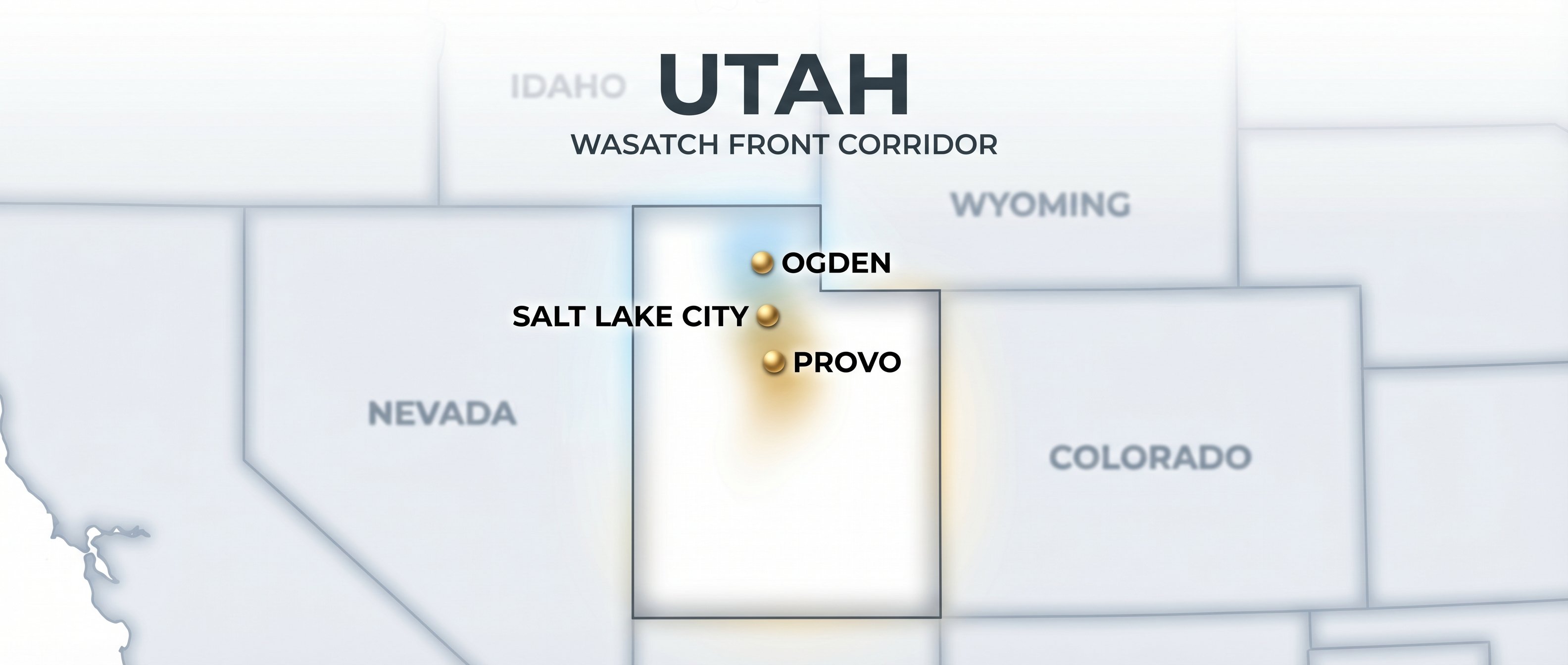 Stylized map of Utah showing Wasatch Front cities marked with gold dots along the urban corridor