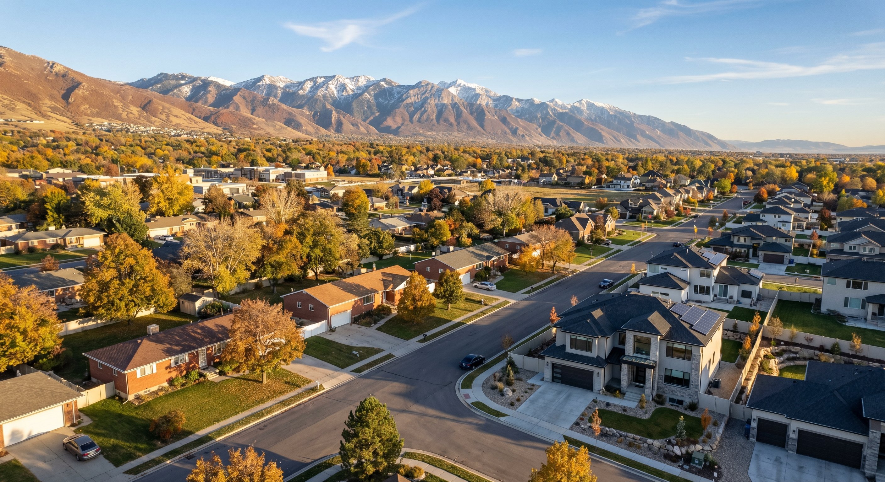 Aerial photograph of a Utah suburban neighborhood in autumn with varied housing styles and mountain backdrop