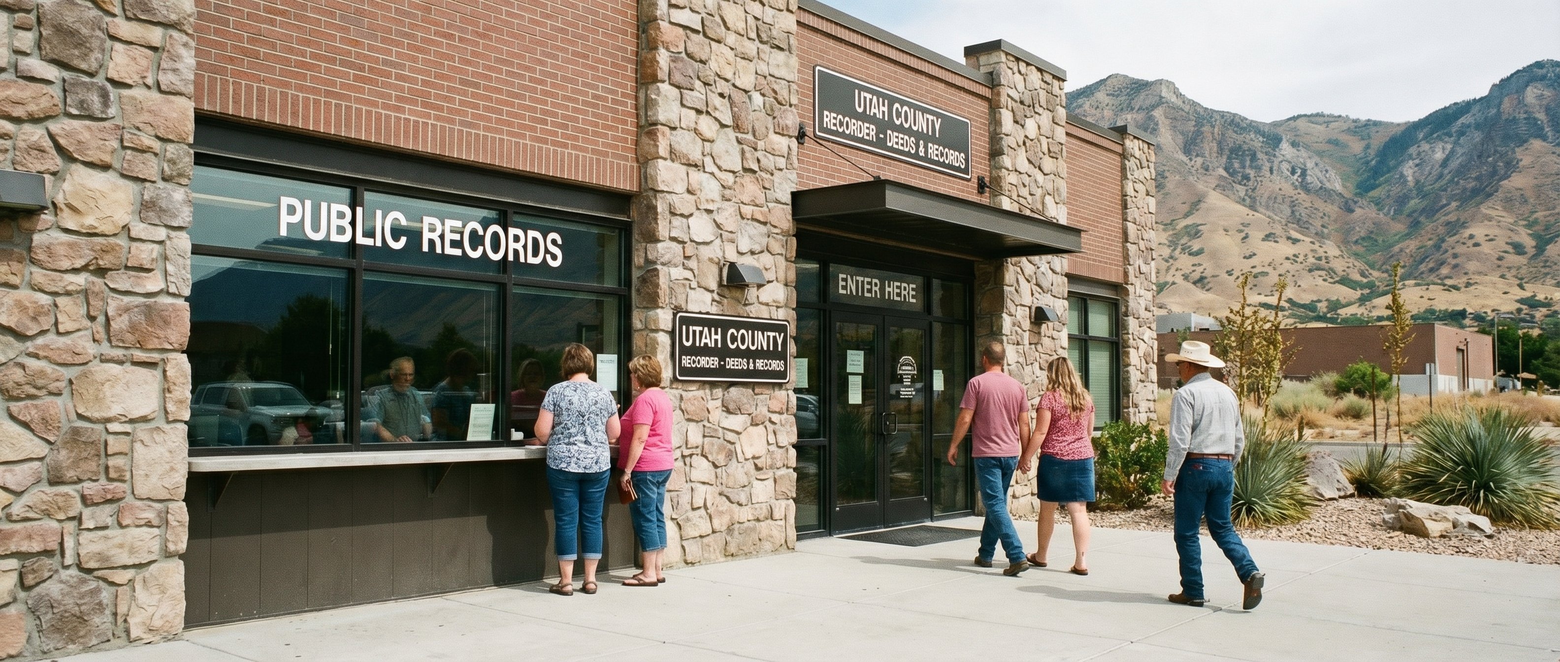County recorder office exterior with public records window and official signage