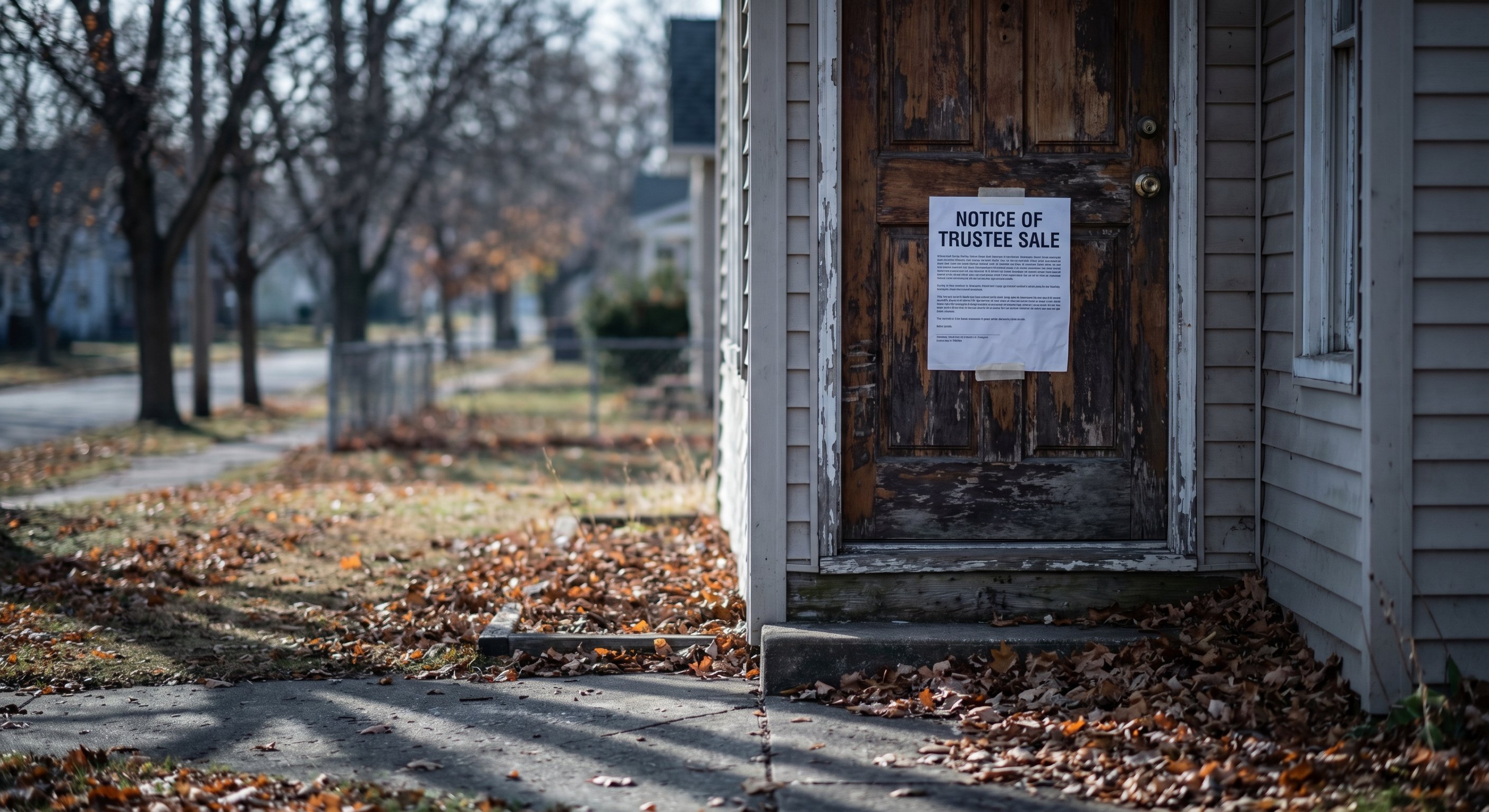 Trustee Sale notice posted on a worn wooden door in autumn morning light