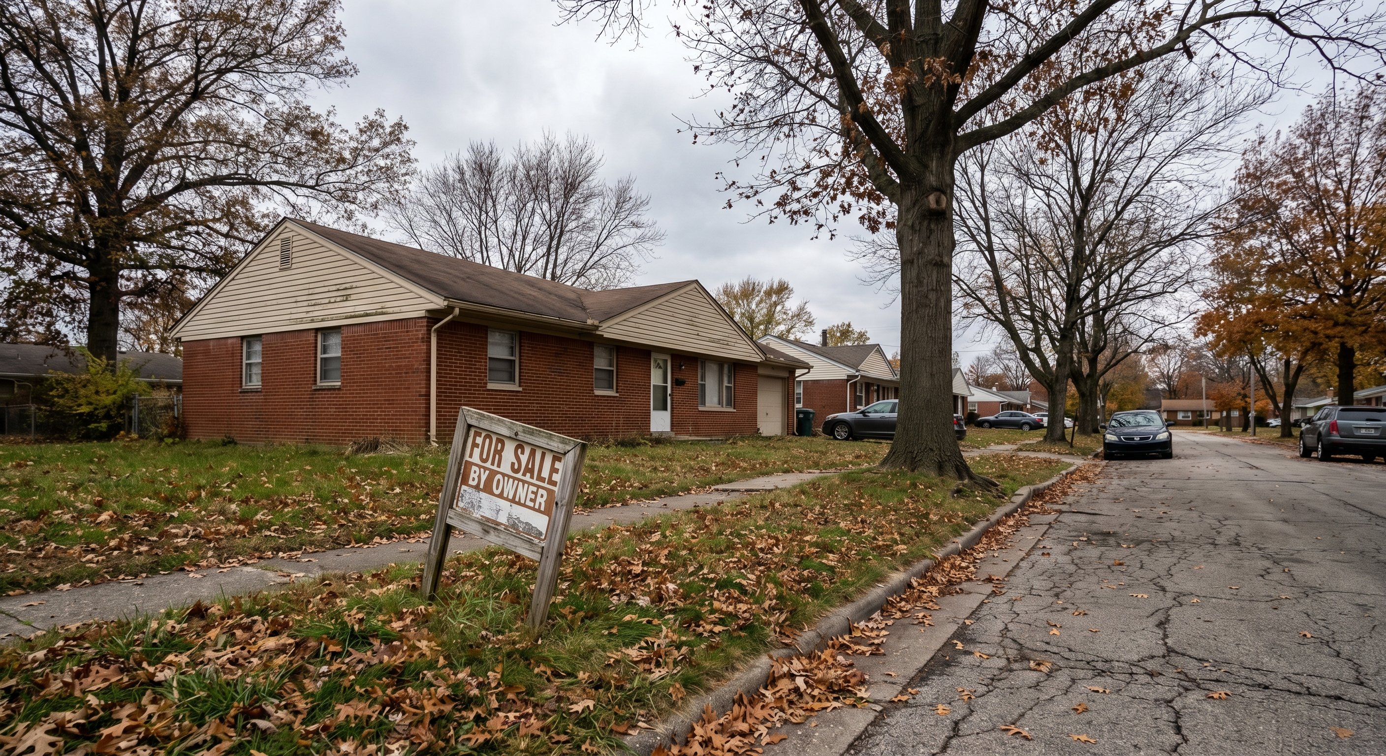 Modest brick ranch home in Virginia with overgrown lawn and faded for-sale sign