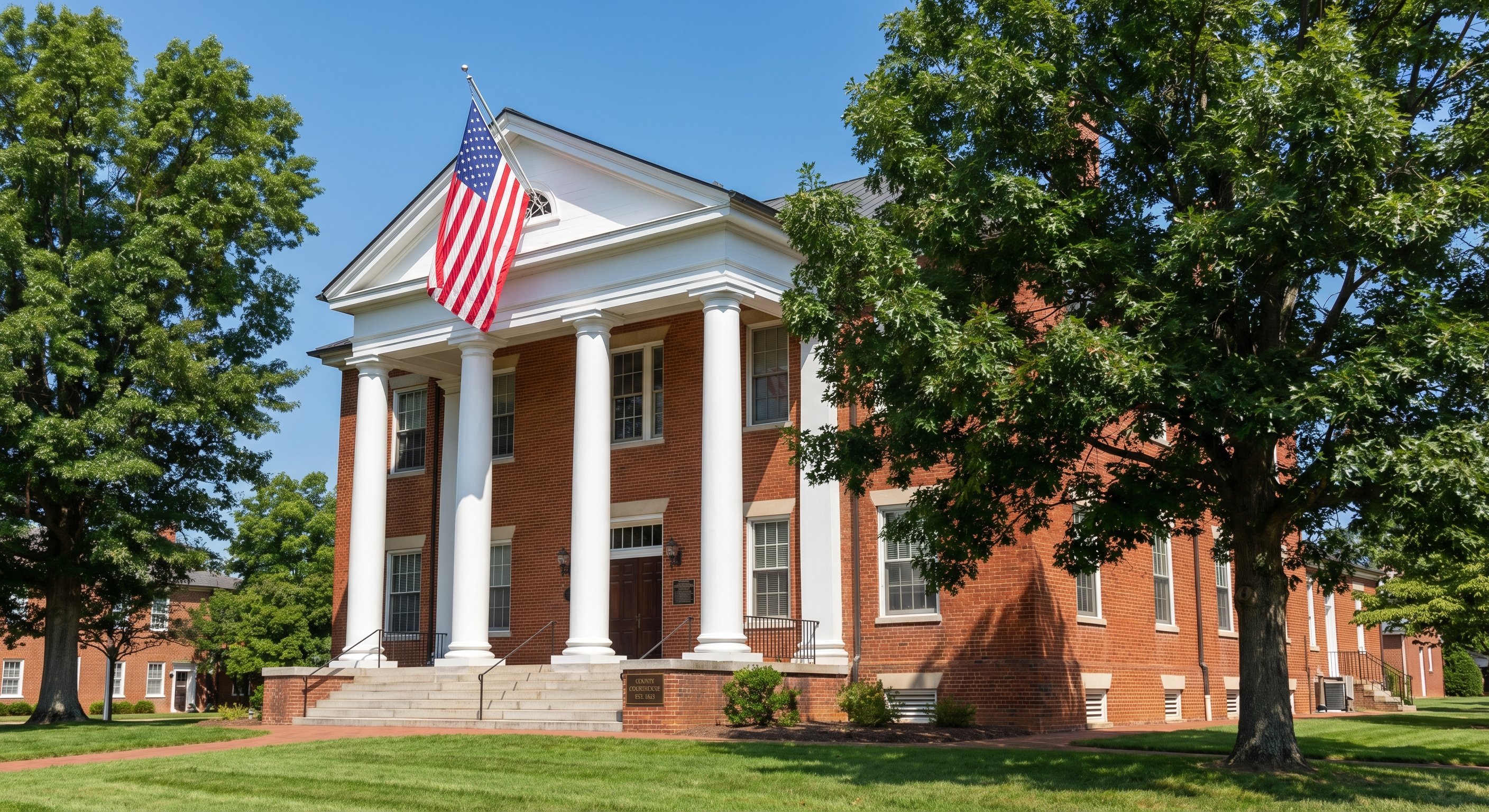 Virginia county courthouse exterior with red brick and white columns