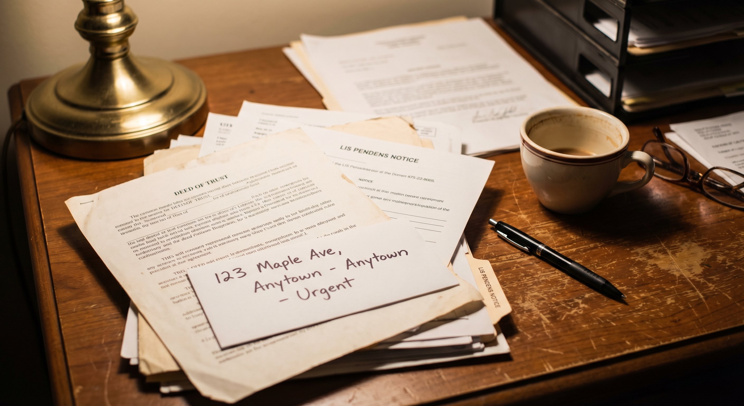 Property documents and legal filings spread on a wooden desk including deed of trust