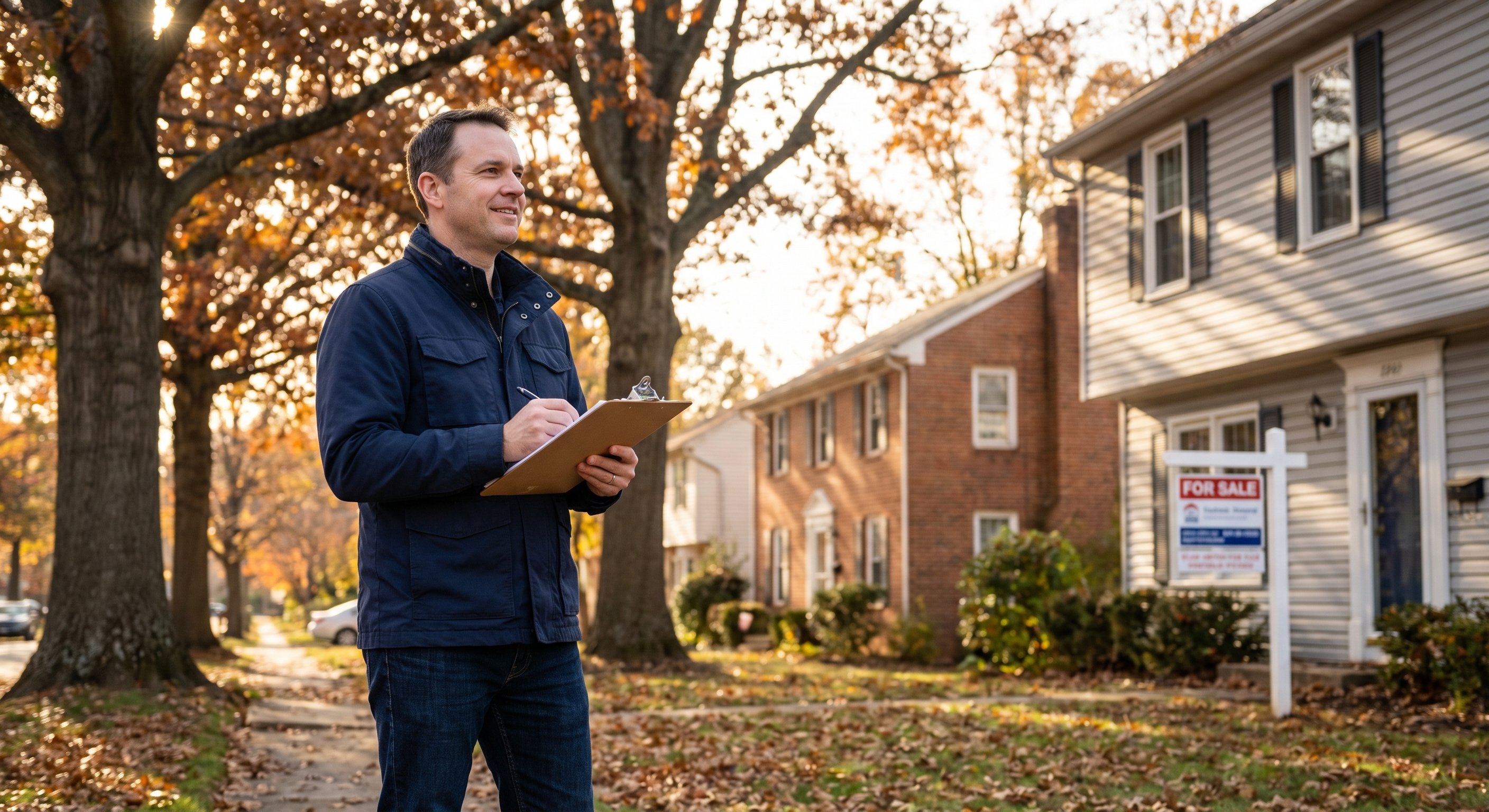 Real estate investor walking through a suburban Virginia neighborhood with clipboard