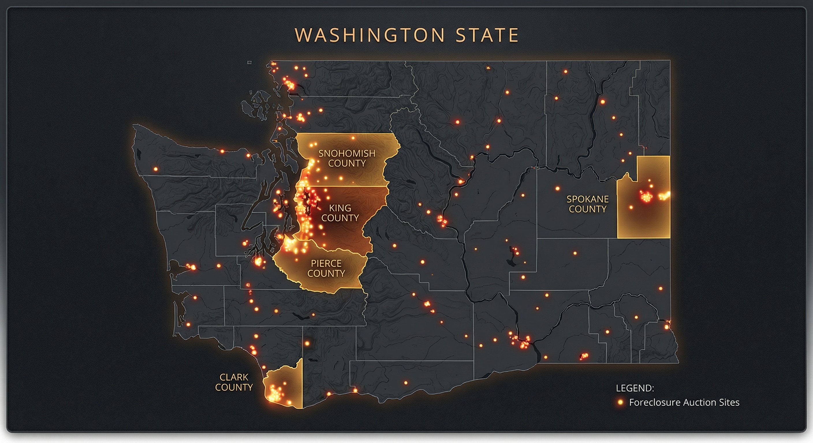 Washington state stylized map showing foreclosure auction hotspots across key counties