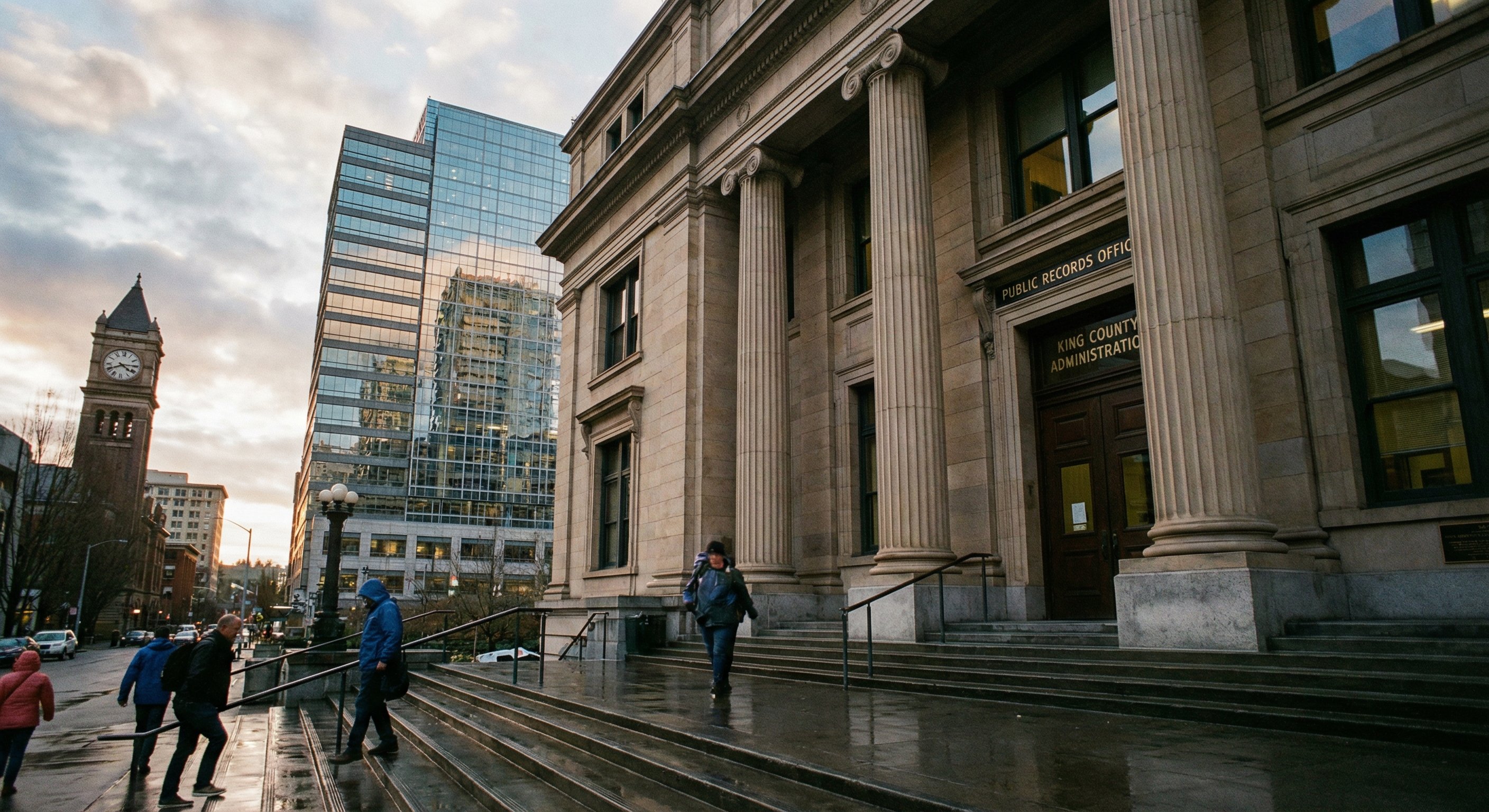 County government building exterior in Seattle, Washington with public records signage visible