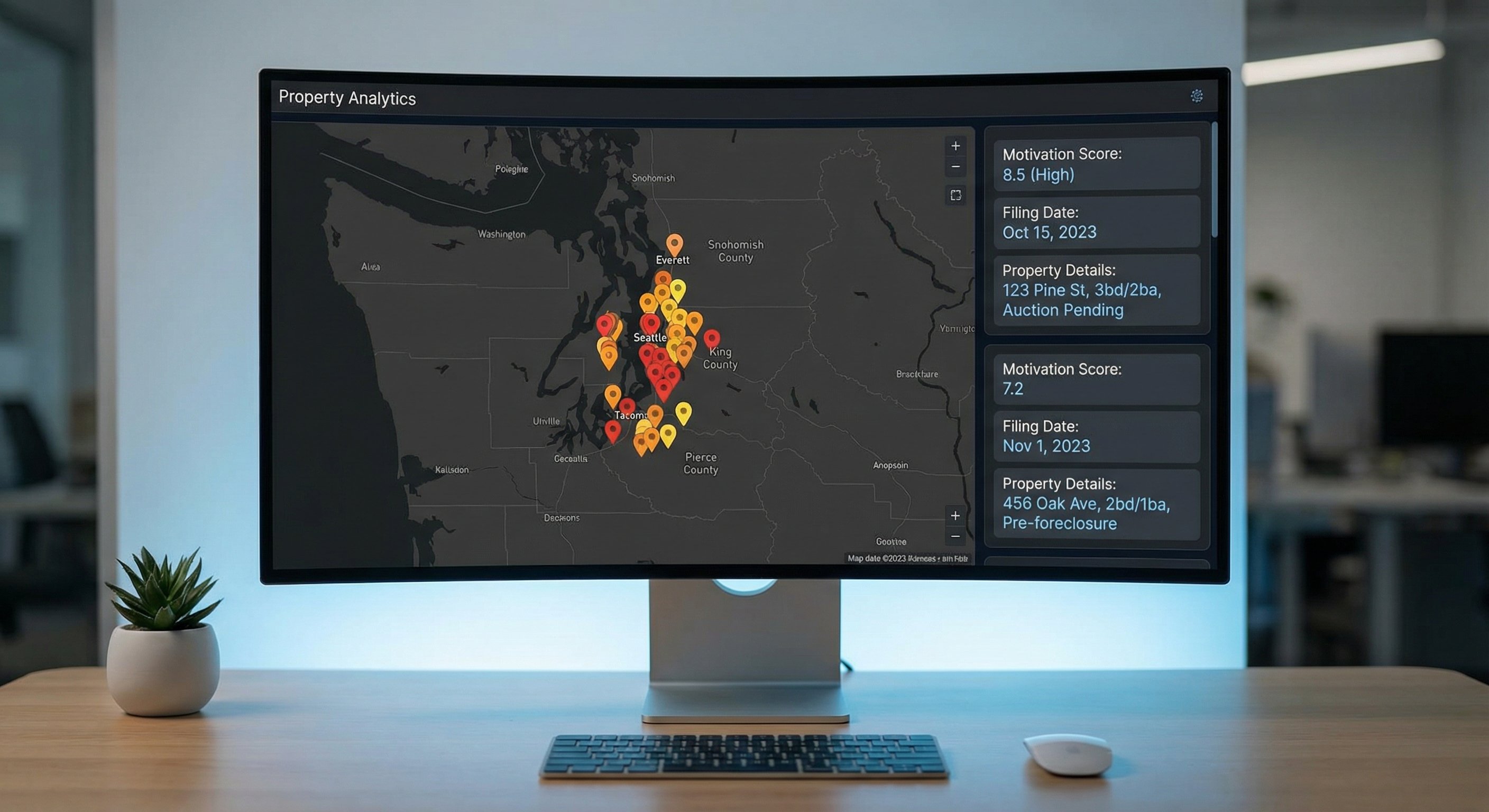 Modern property analytics dashboard showing Washington state foreclosure leads with motivation scores