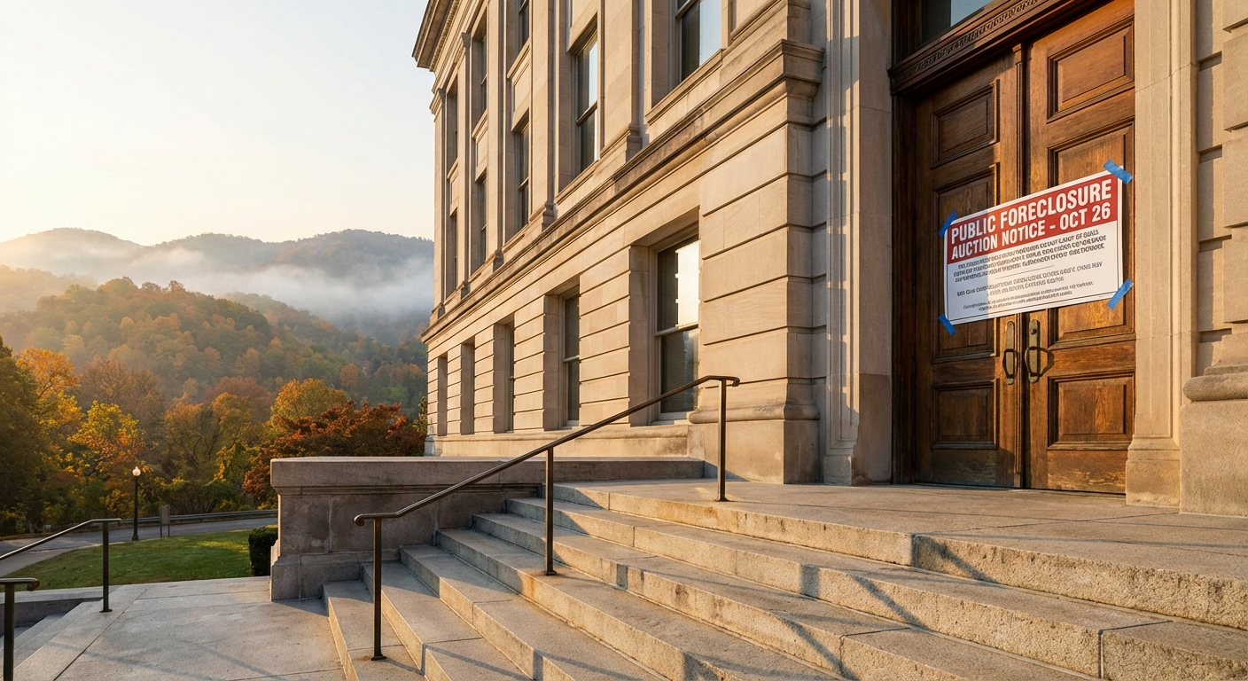 West Virginia courthouse steps with foreclosure auction notice posted on the door