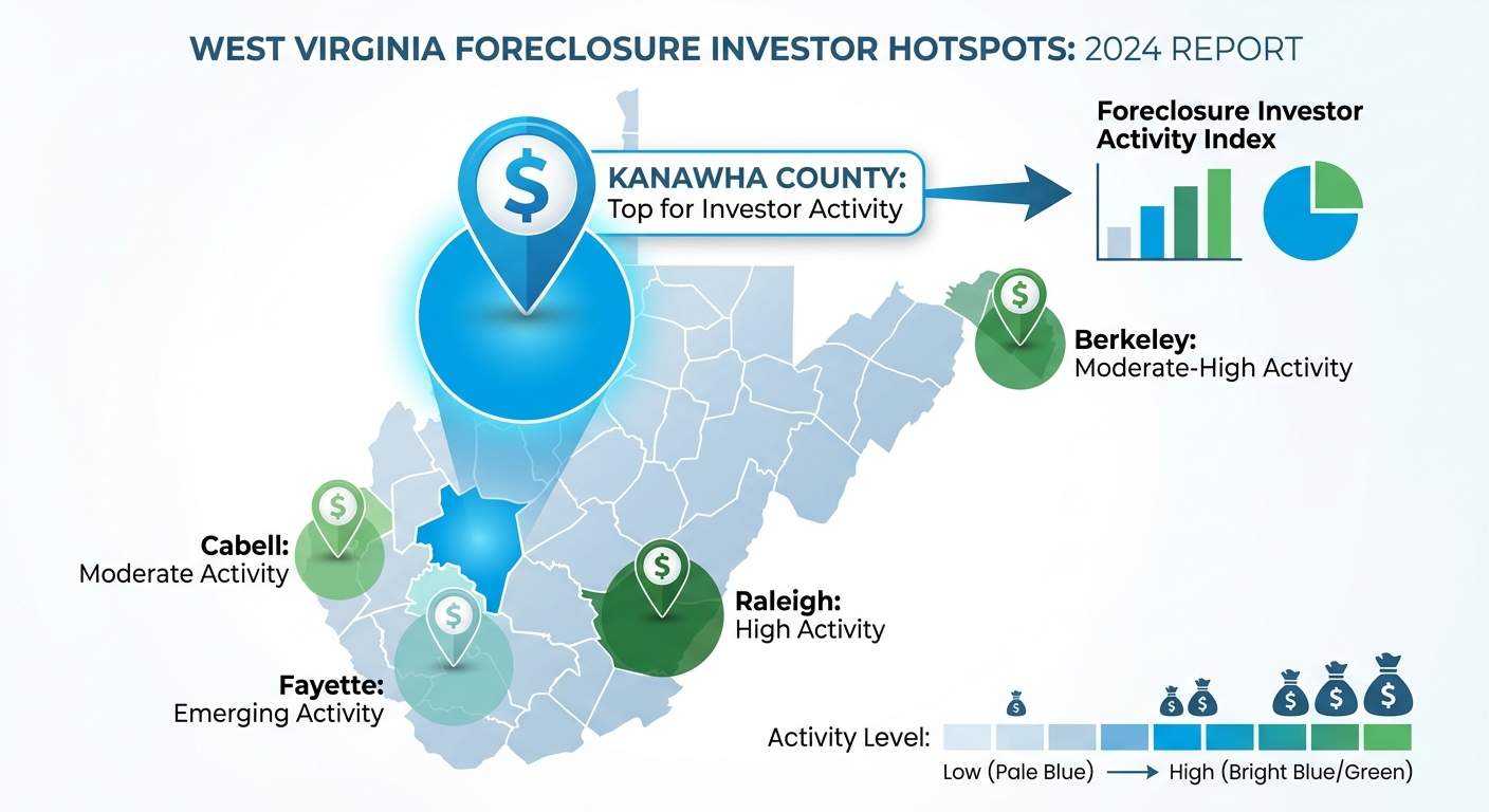 Modern infographic map of West Virginia showing top counties for foreclosure investor activity