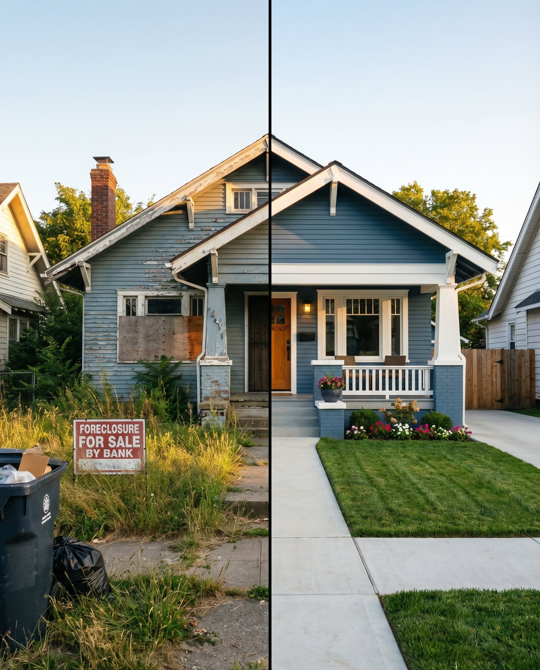 Split view of a neglected foreclosed home and a fully renovated version of the same property, showing the before and after transformation of a house flip