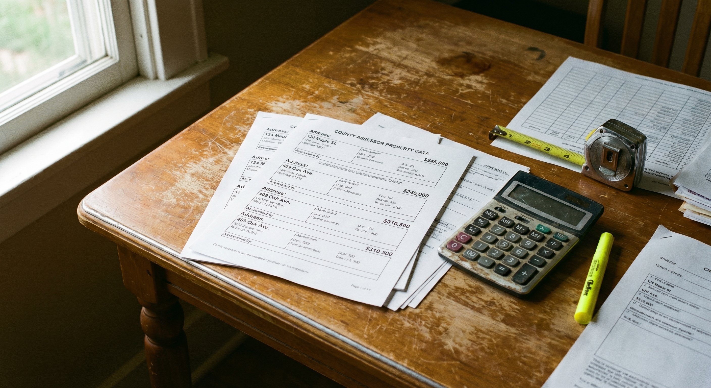 Property documents and county assessor records spread across a worn kitchen table, with calculator, tape measure, and highlighted property data