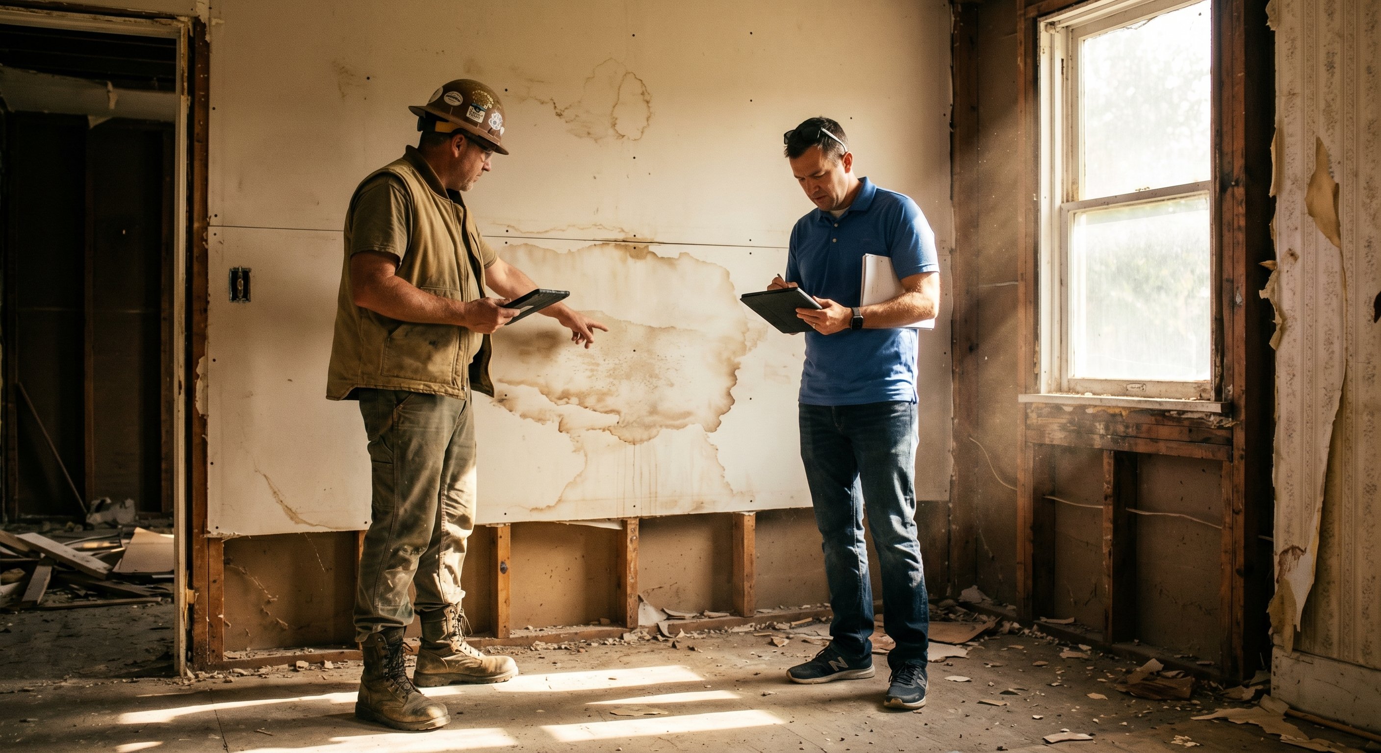 A real estate investor and a construction contractor walking through a dilapidated house interior, examining water damage on a drywall wall