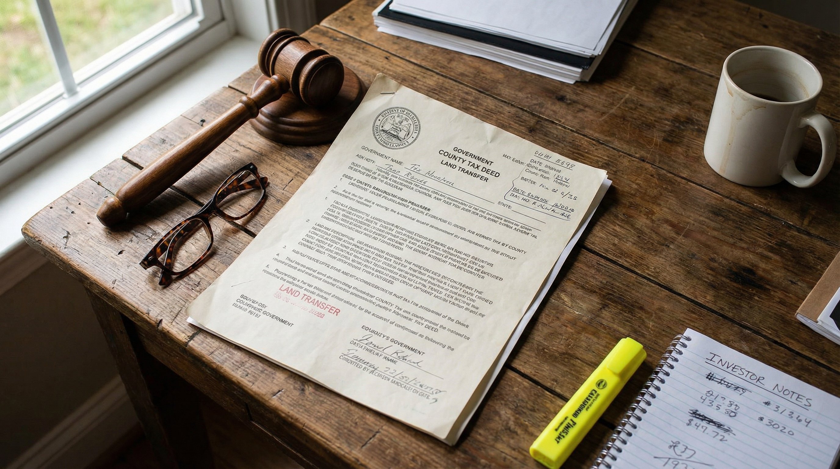 County tax deed documents spread on a wooden desk with gavel and reading glasses