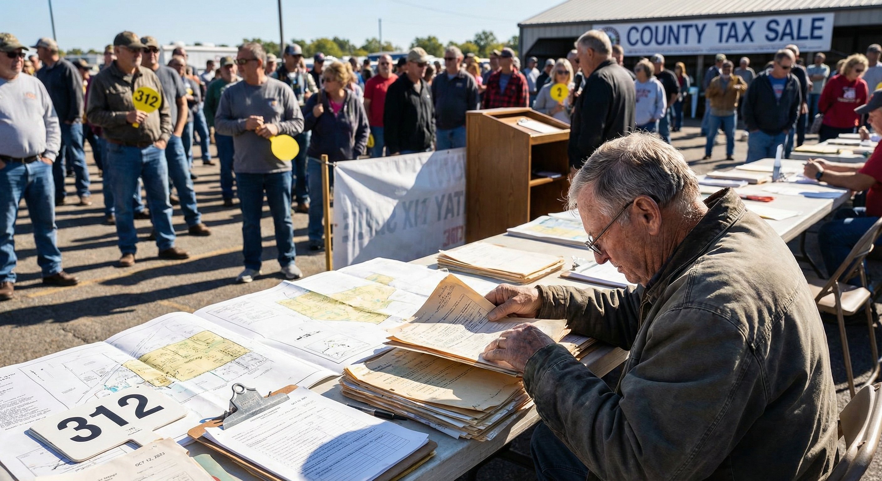 An investor reviewing county assessor printouts and property schematics at an outdoor tax sale auction venue, crowd of bidders visible in background