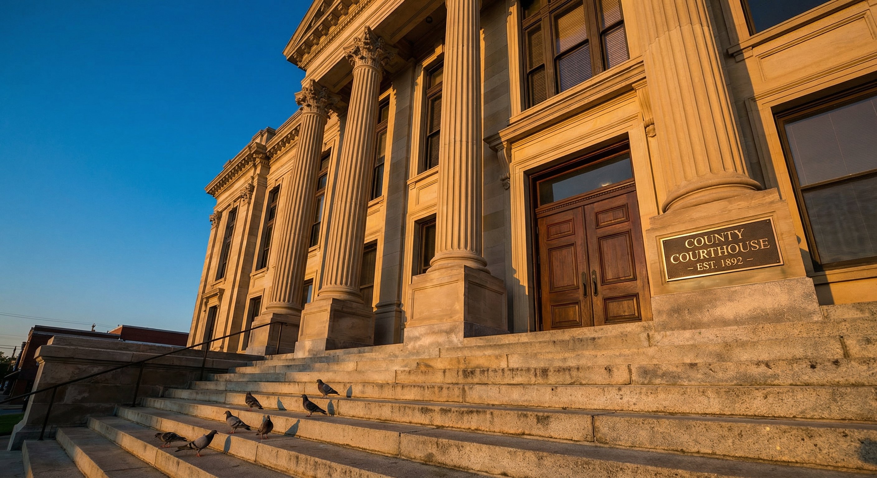 County courthouse exterior at golden hour with stone steps, classic columns, and government plaque against a clear blue sky