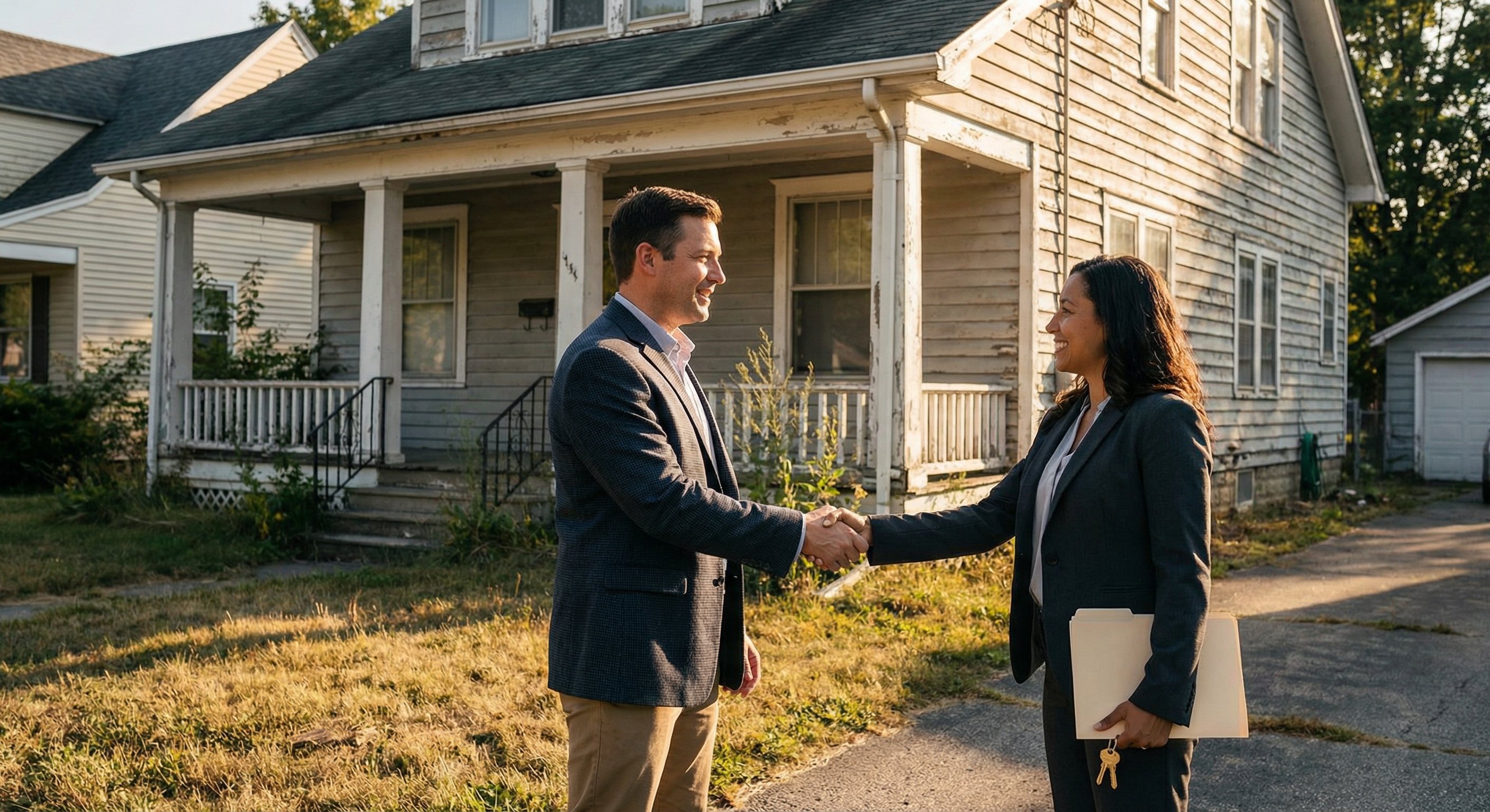 Two businesspeople shaking hands after a real estate transaction in front of a property with moderate exterior wear and overgrown yard, late afternoon sun