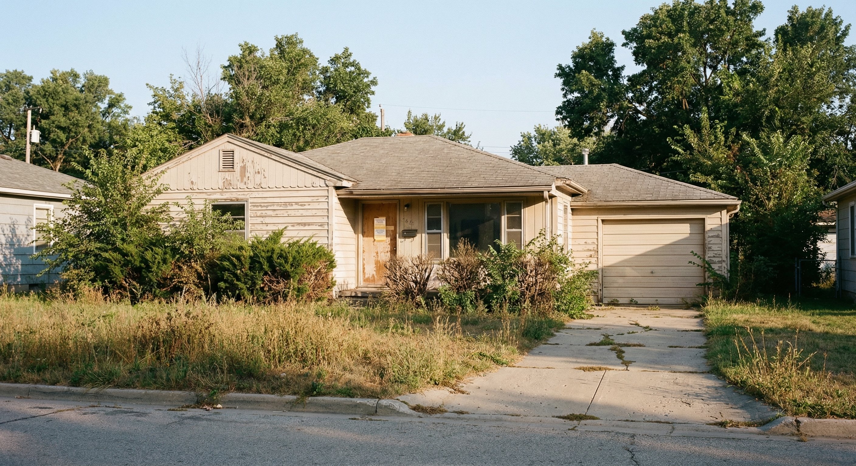 Modest ranch home with overgrown lawn, faded exterior, weathered notice on door, cracked driveway, real estate documentary photography