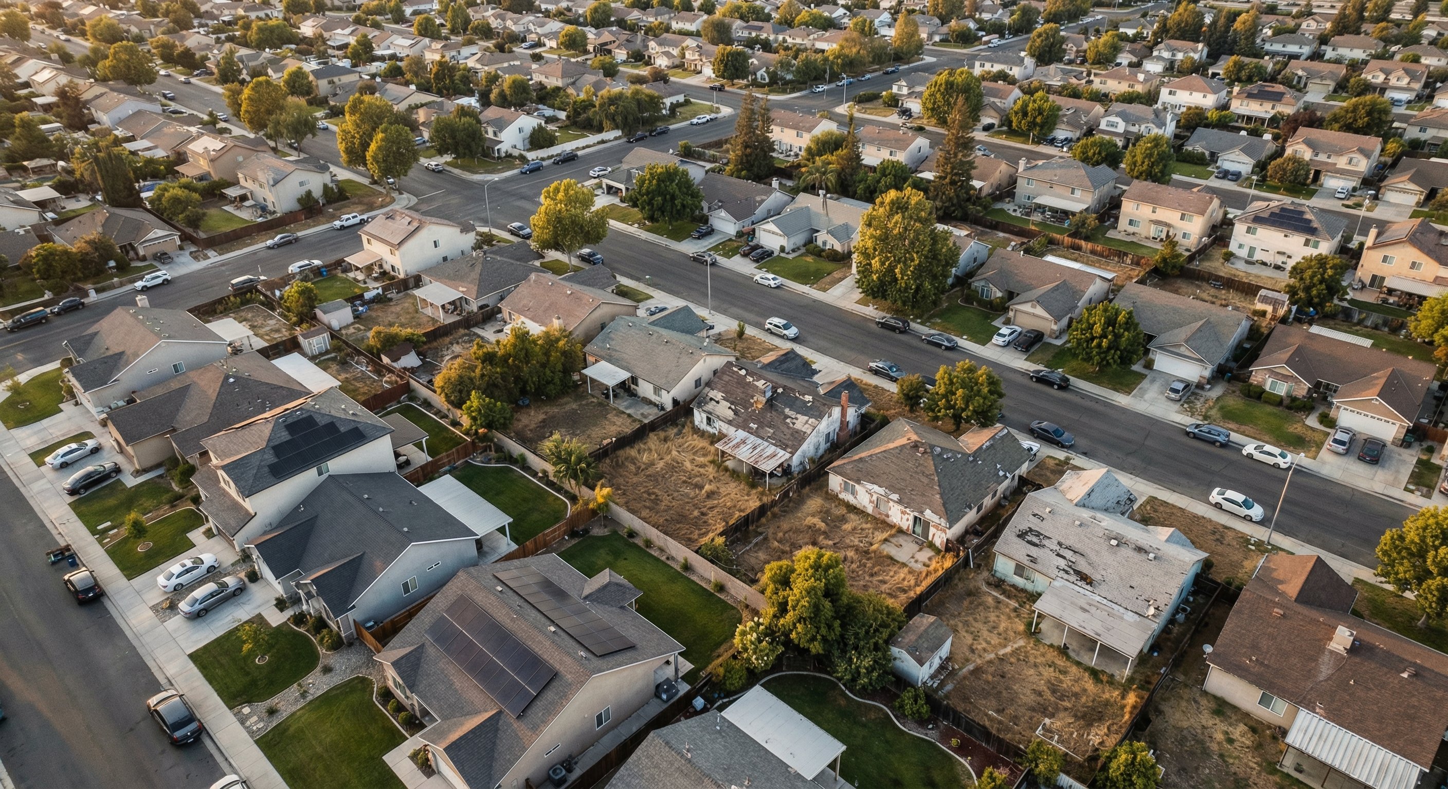 Aerial drone view of suburban neighborhood with mixed property conditions, warm afternoon light