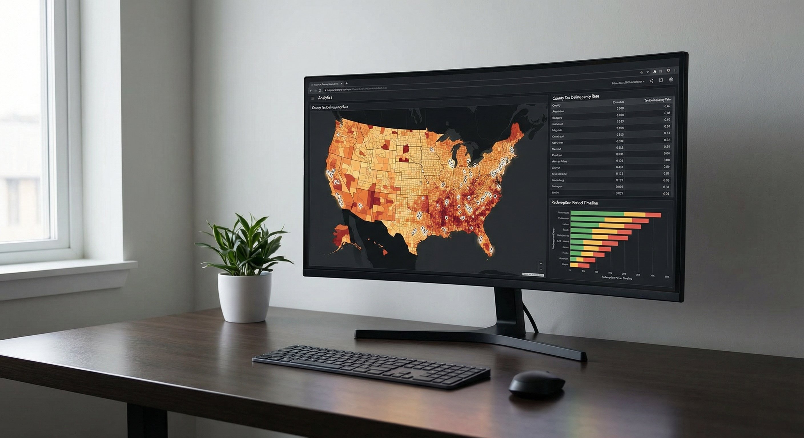 Dark-themed analytics dashboard with US map heat overlays, tax delinquency rate tables, redemption timeline chart, technology product photography