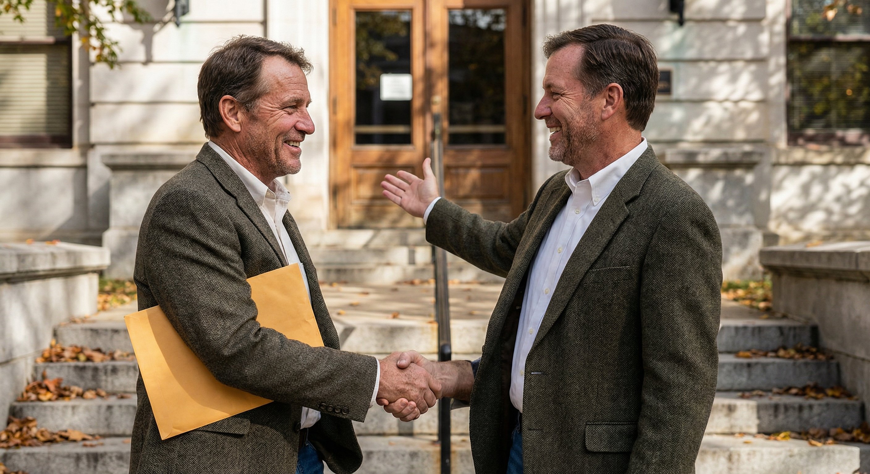 Two business casual men shaking hands on courthouse steps with documents, autumn daylight, editorial photography