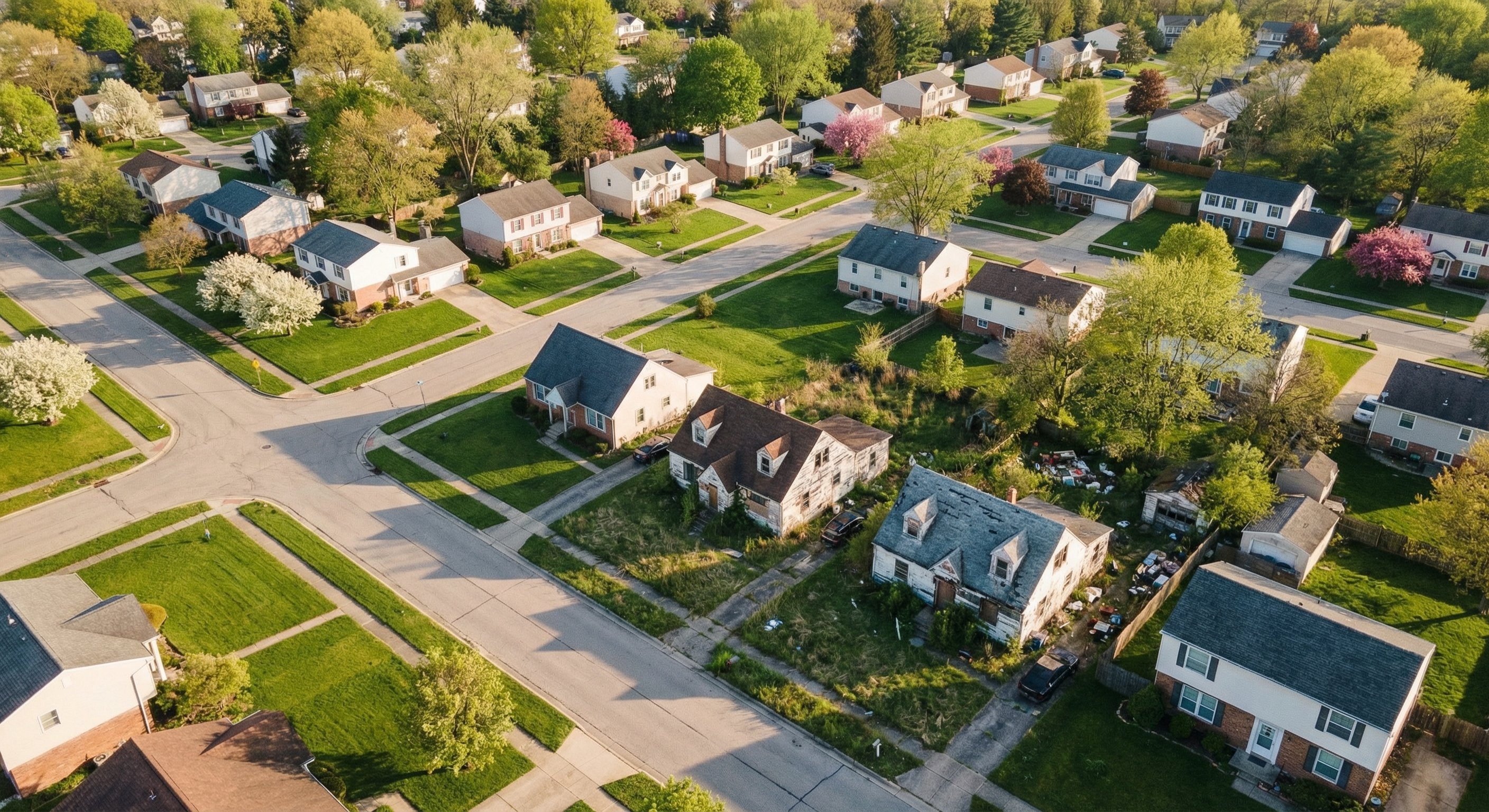 Aerial view of residential neighborhood showing varying property conditions and absentee-owned homes