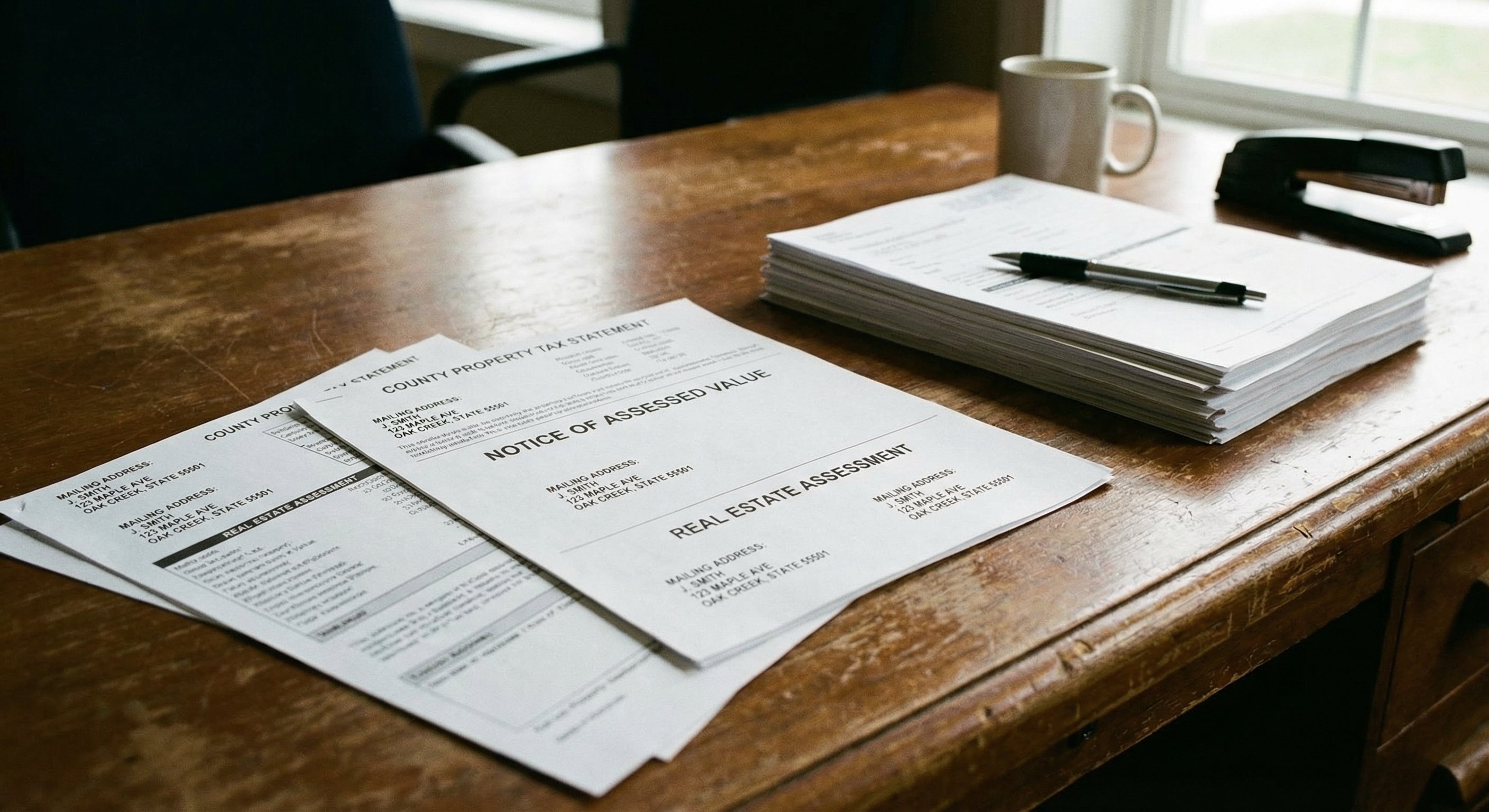 County assessor property records and documents spread on a desk showing ownership and mailing address data