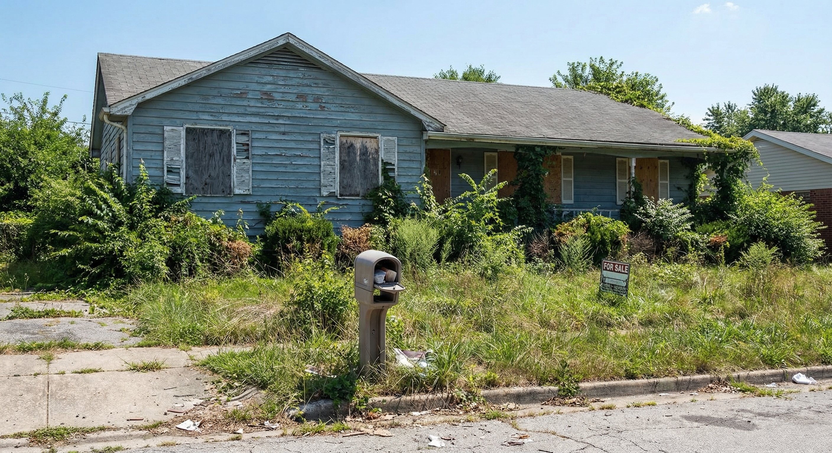 Distressed property with overgrown yard and signs of long-term vacancy in a residential neighborhood