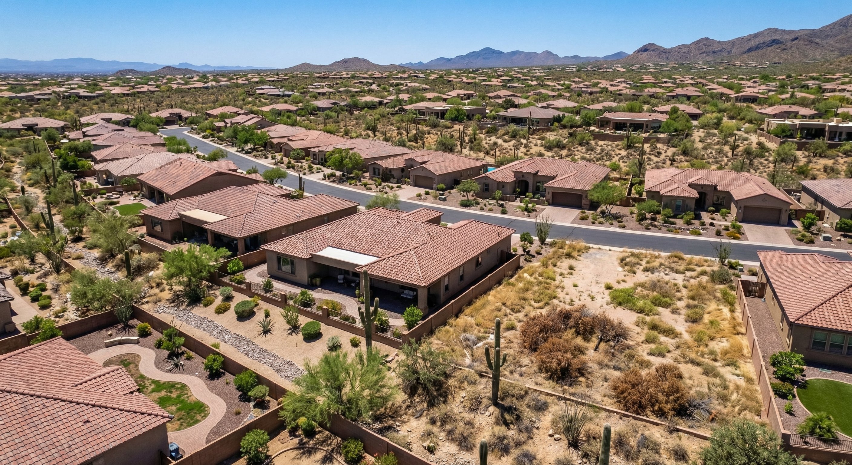 Arizona desert residential neighborhood with varying property conditions representing absentee-owned investment properties