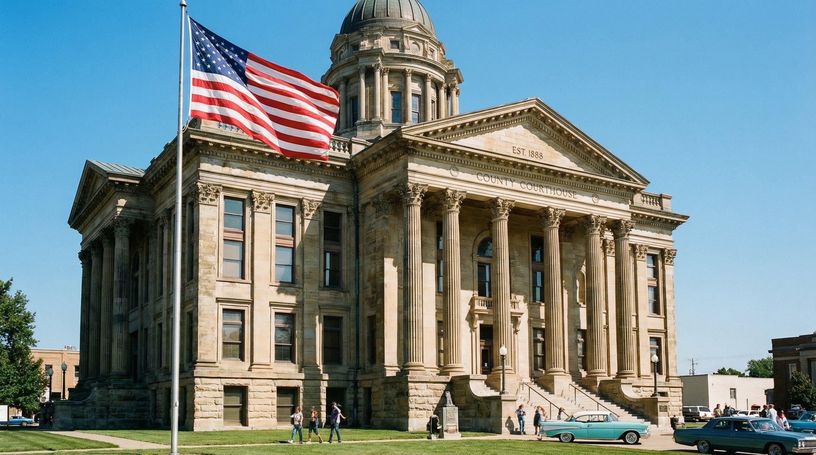 County courthouse with stone columns and American flag, clear blue sky