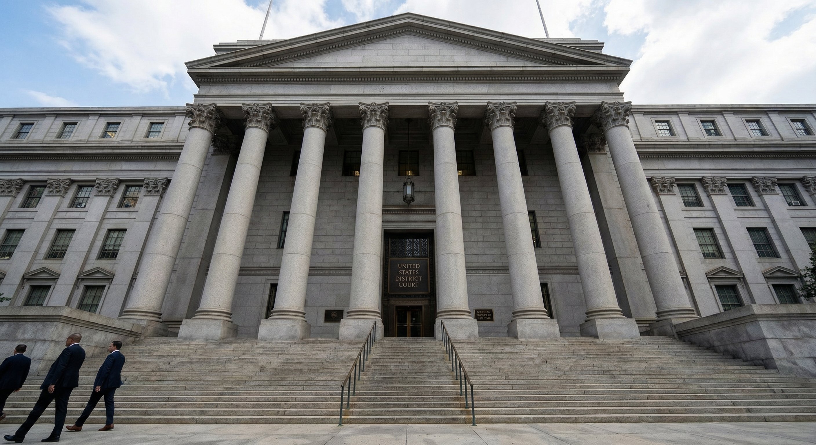 Federal courthouse exterior, stone facade, United States District Court signage