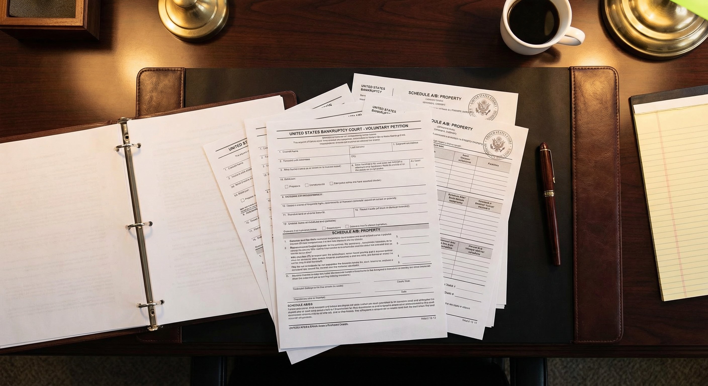 Legal documents spread on desk — bankruptcy petition Schedule A showing real property assets