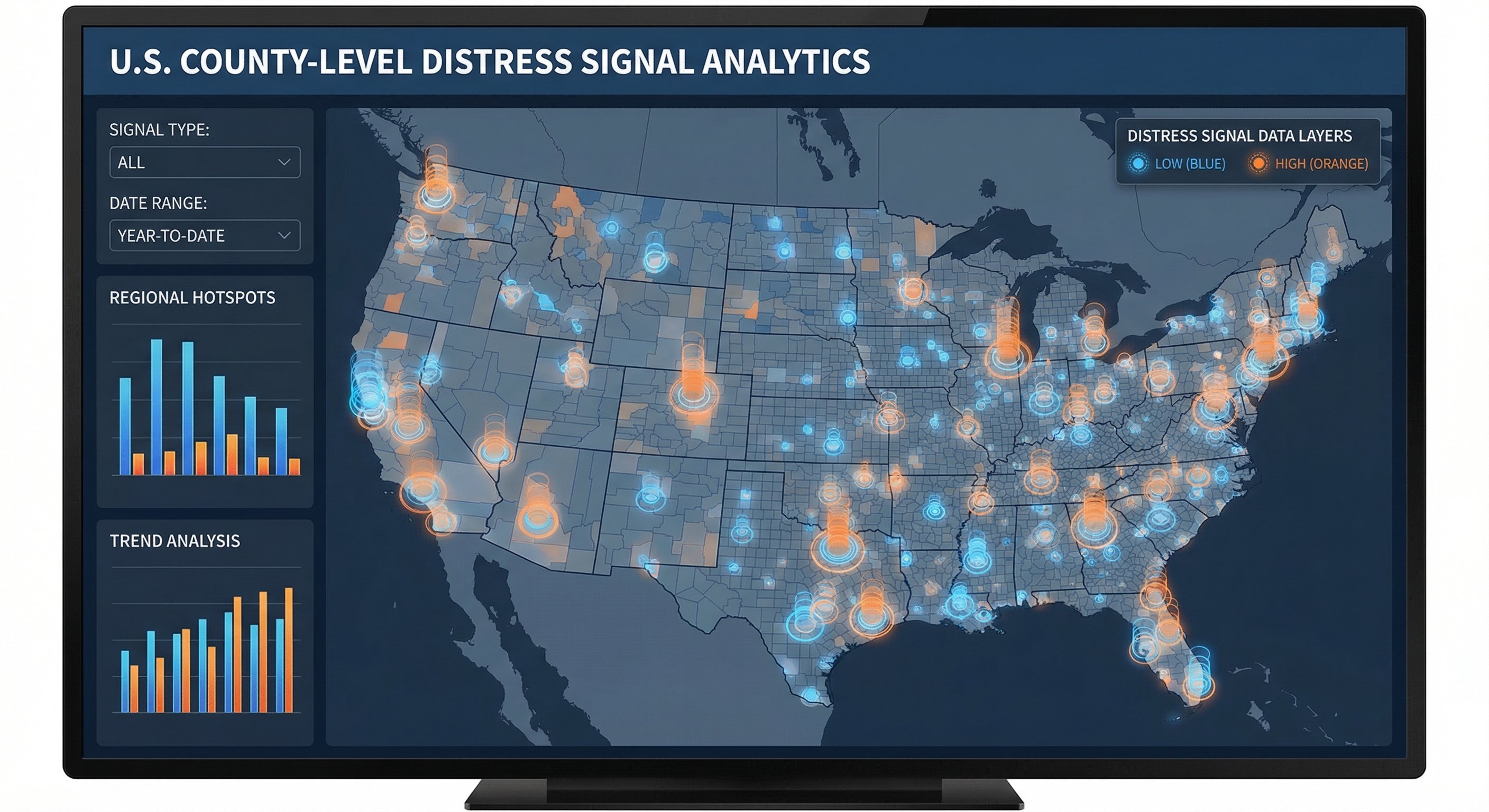 Data visualization showing stacked distress signal types — bankruptcy, tax liens, lis pendens — overlaid on county map