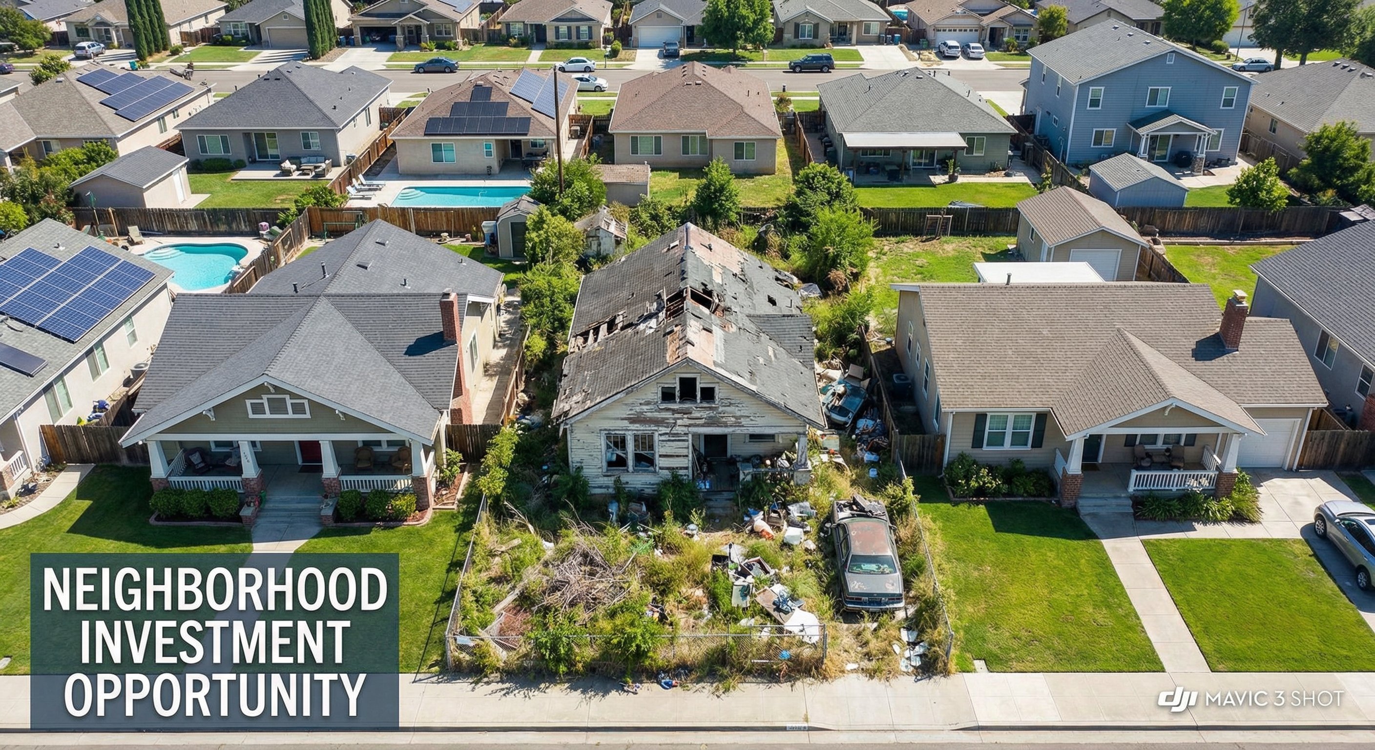 Aerial view of a mixed residential neighborhood showing one clearly distressed property amid well-maintained homes