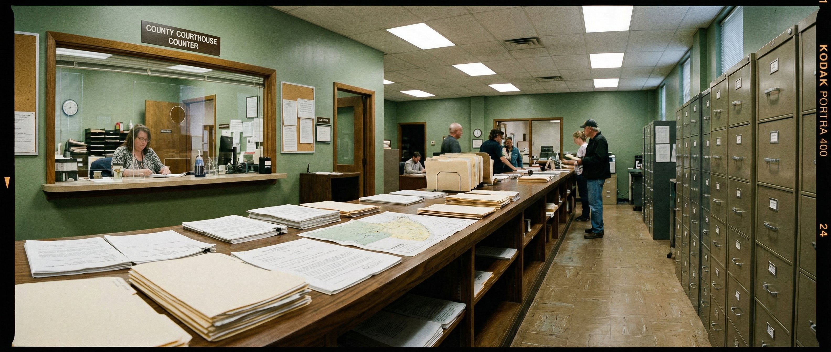 County courthouse public records counter with property documents and institutional filing systems