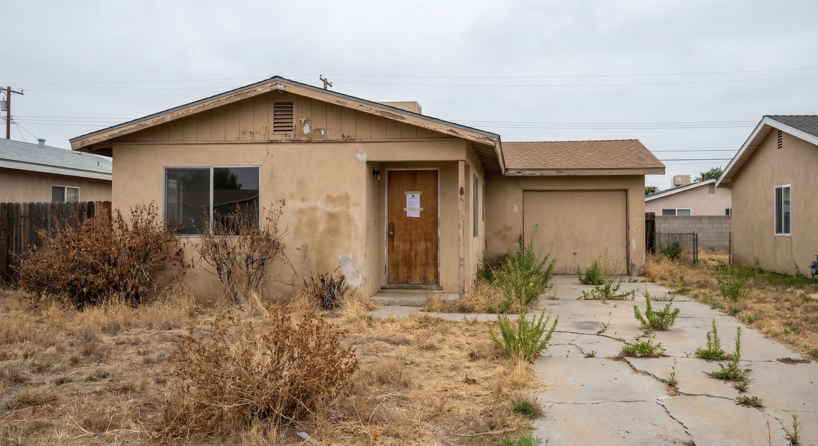 A weathered single-story ranch home with overgrown lawn and a county notice affixed to the front door, classic indicators of a distressed property in a suburban neighborhood