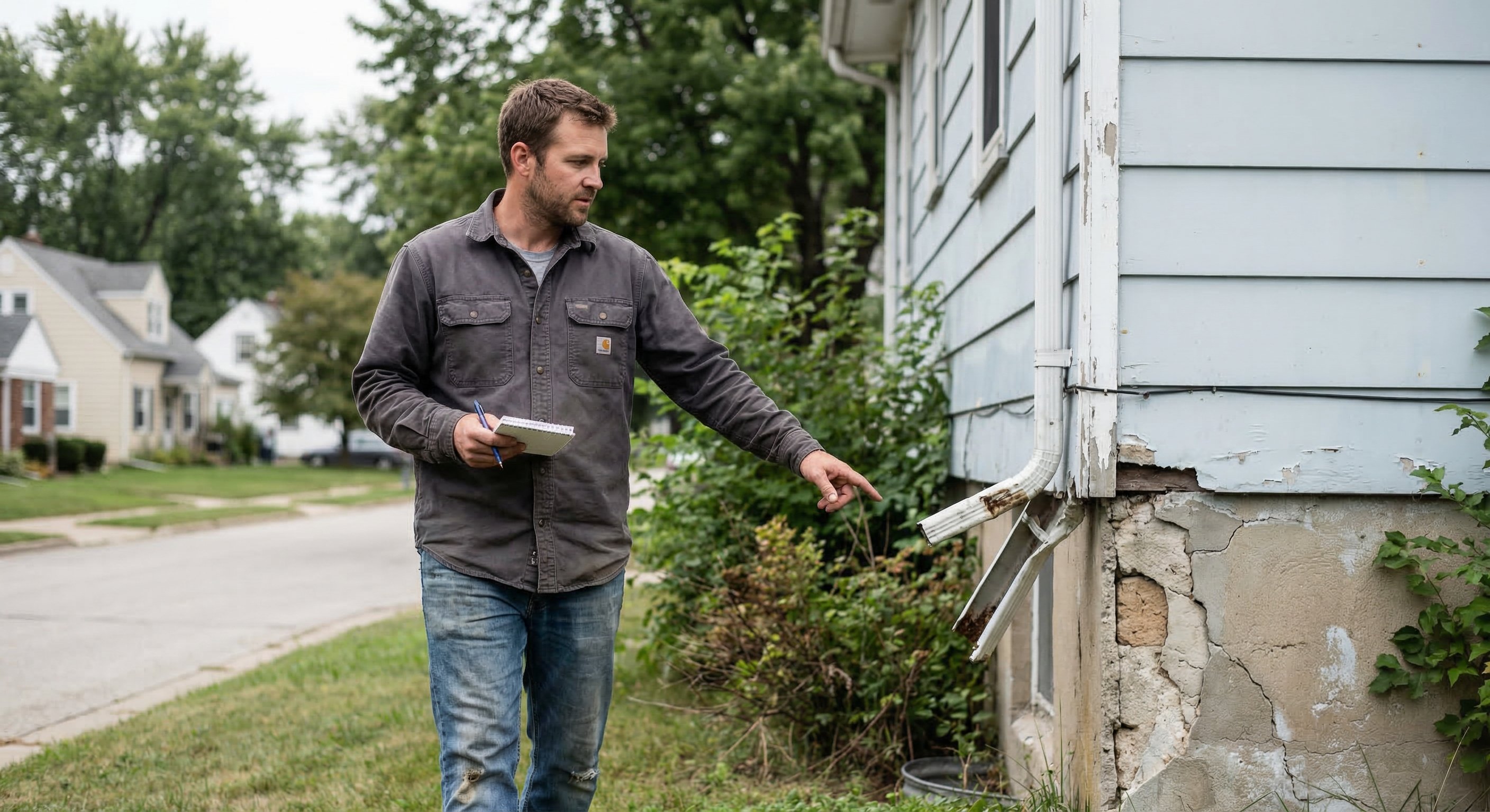 A real estate investor walking the exterior of a vacant property with a notepad, assessing condition and cross-referencing property details on a tablet