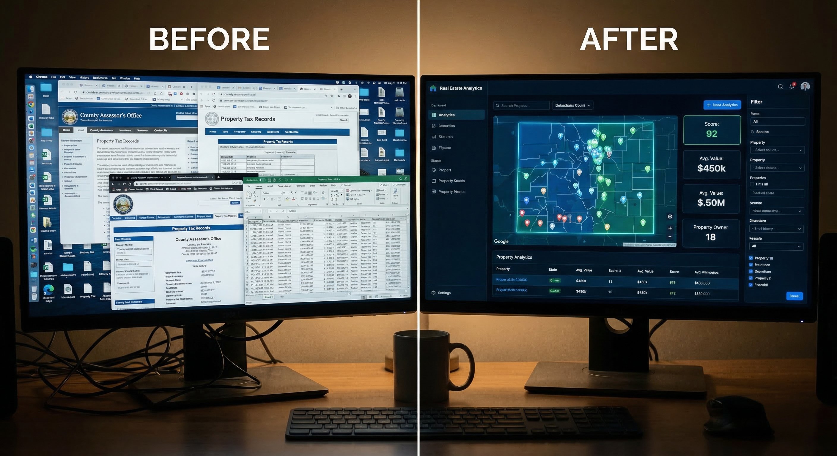 A clean dark real estate data dashboard displaying a map with color-coded distress signal pins and motivation scores, showing how stacked signals appear in a modern sourcing interface
