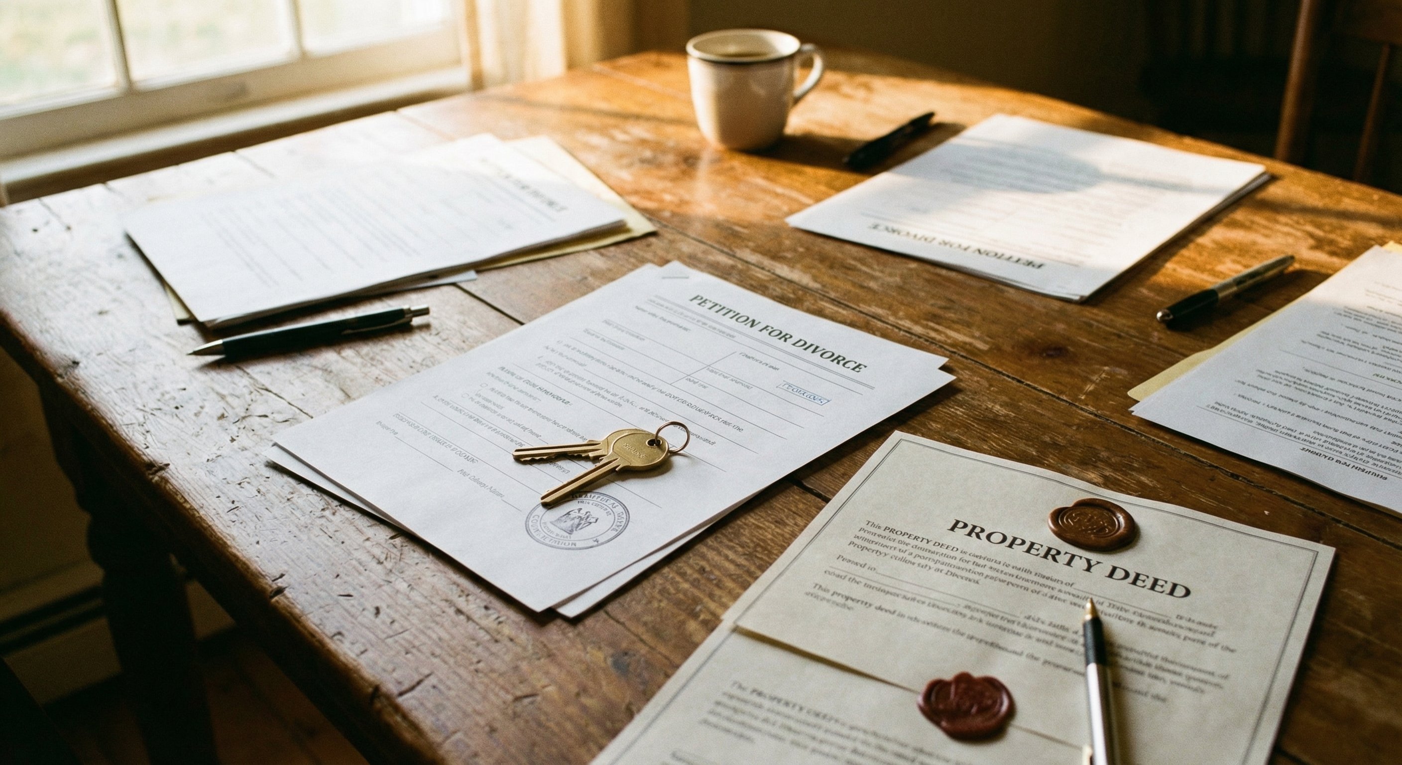 Legal documents and house key on a table representing divorce property proceedings