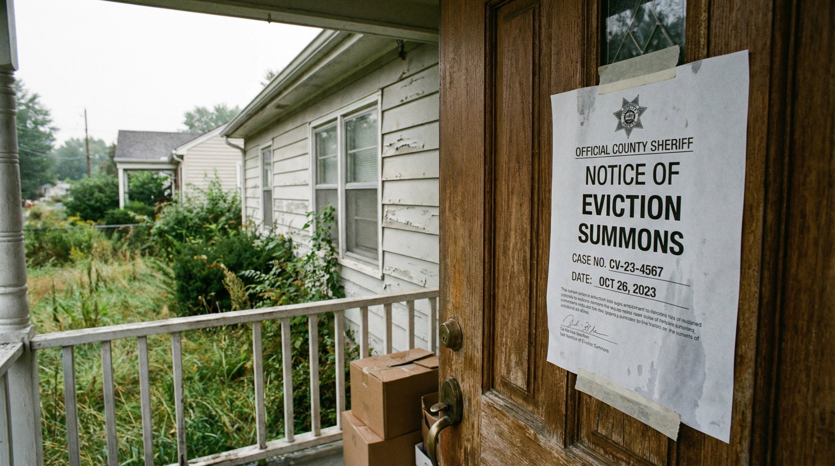 Eviction court summons notice posted on the exterior door of a suburban home