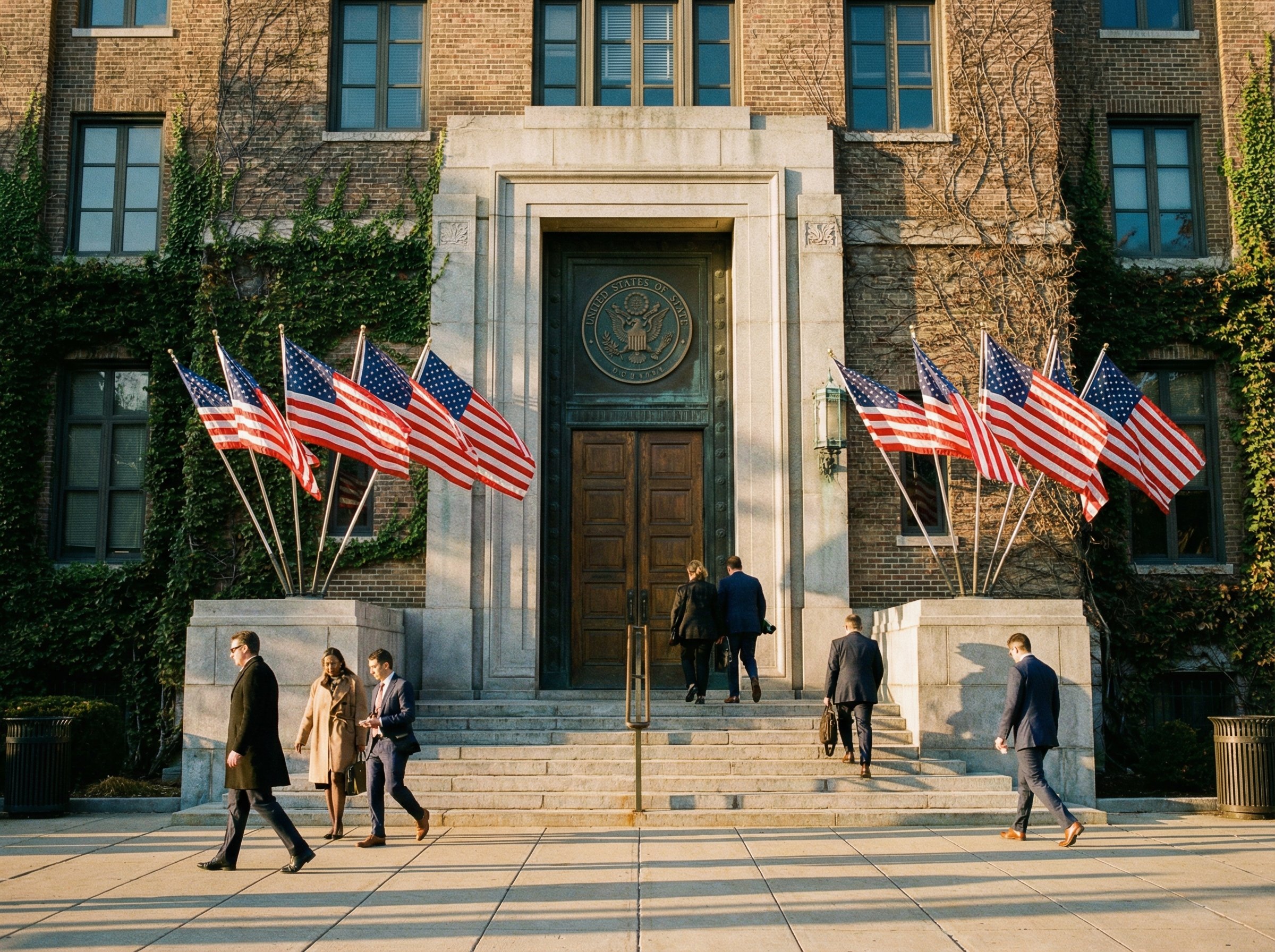 County courthouse exterior with stone steps and government seal