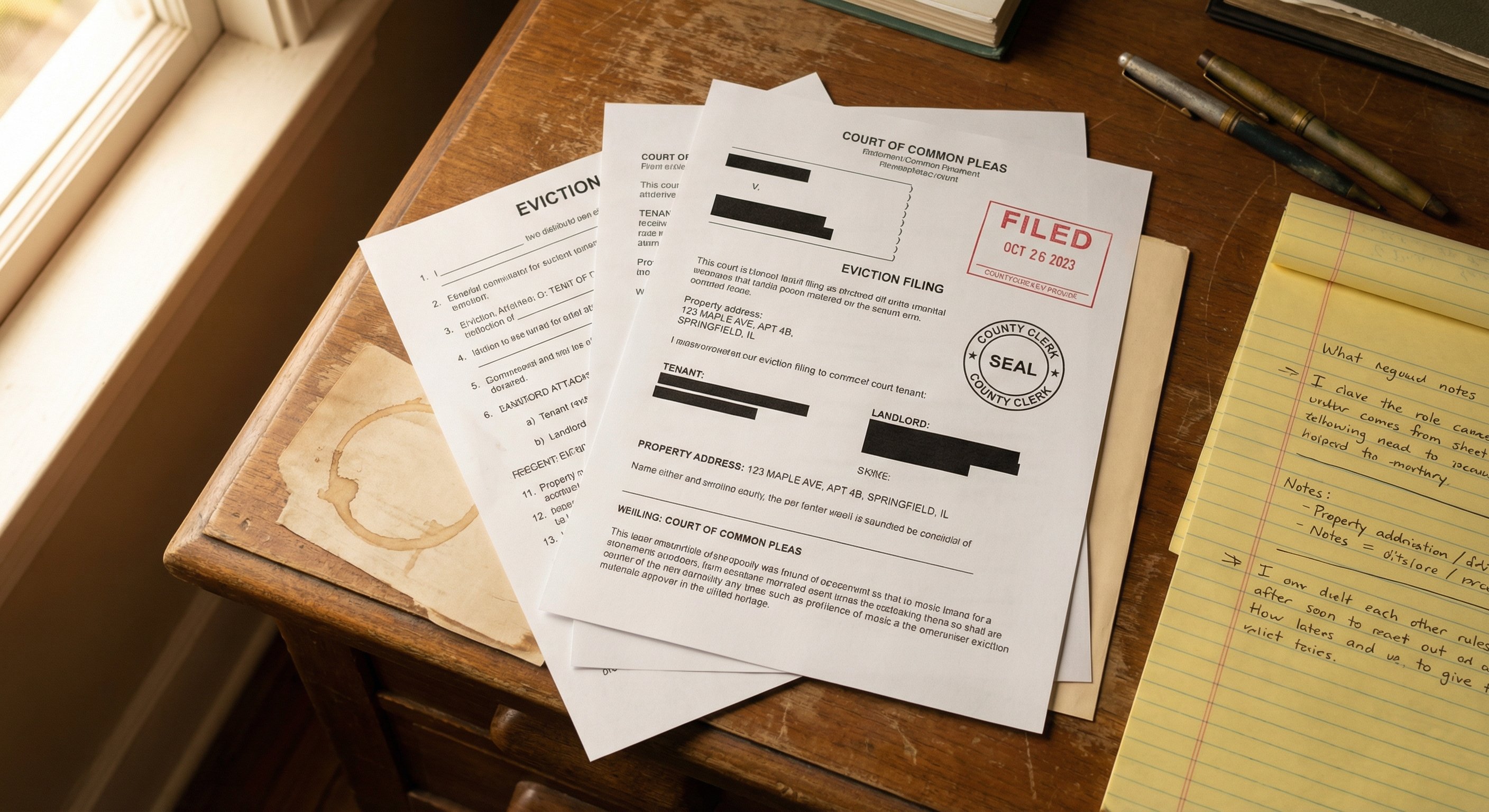 Eviction filing documents and court papers spread on a wooden desk