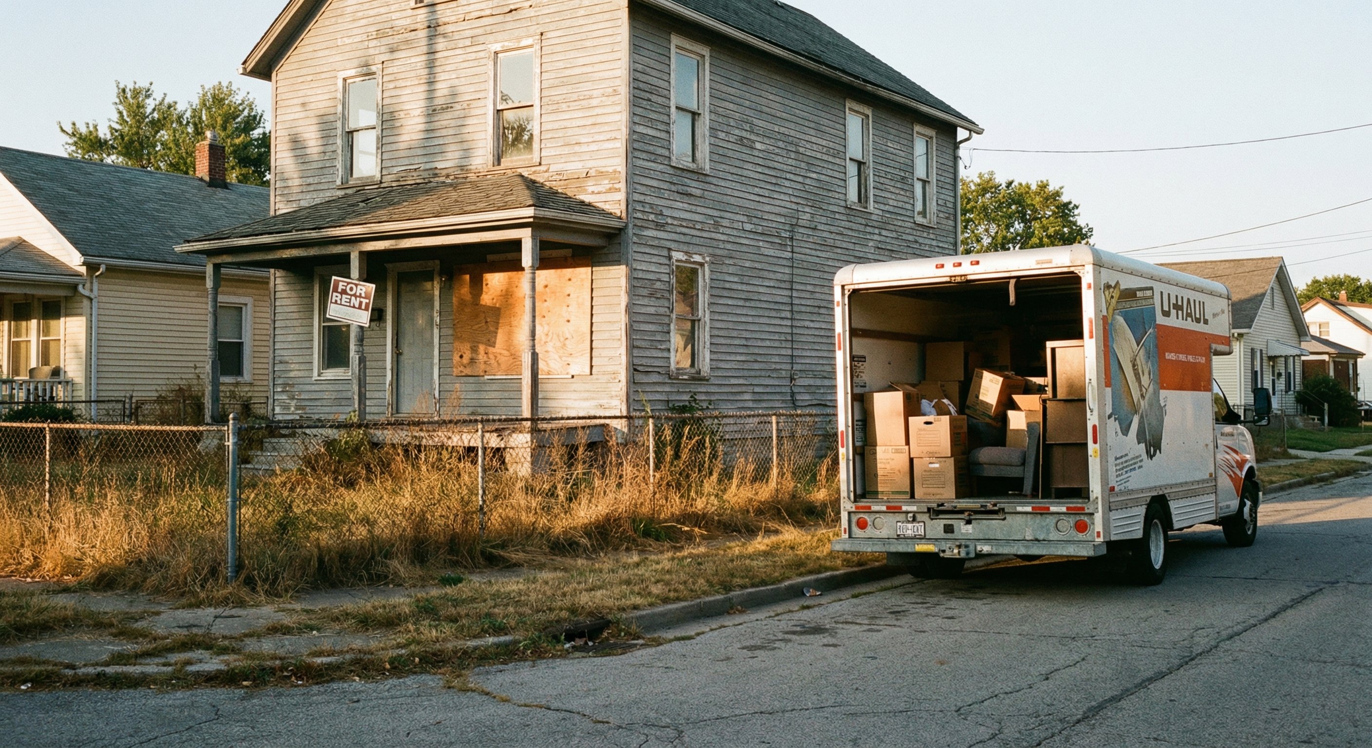 Neglected rental property exterior with boarded window and overgrown lawn
