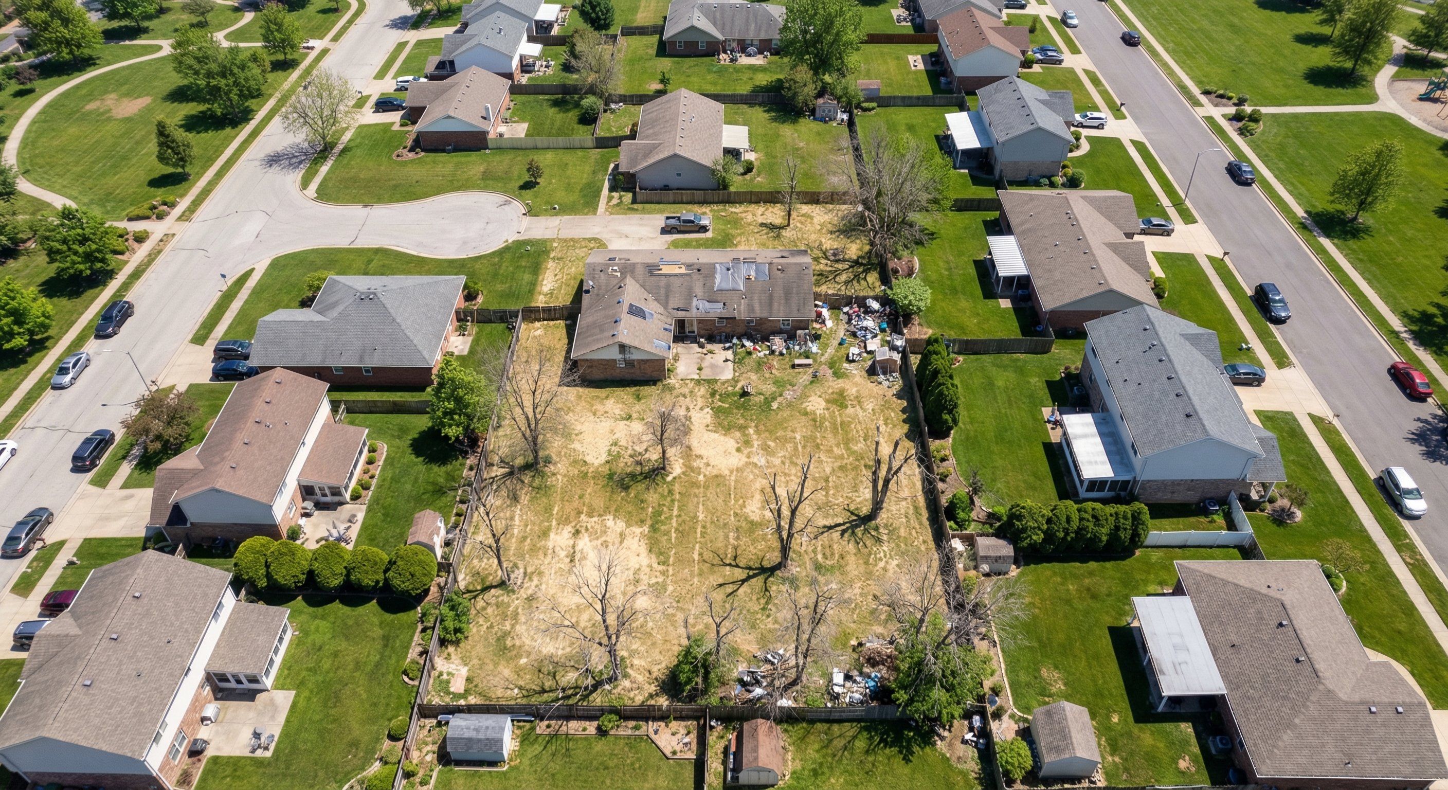 Aerial view of suburban neighborhood showing one clearly distressed property among well-maintained homes