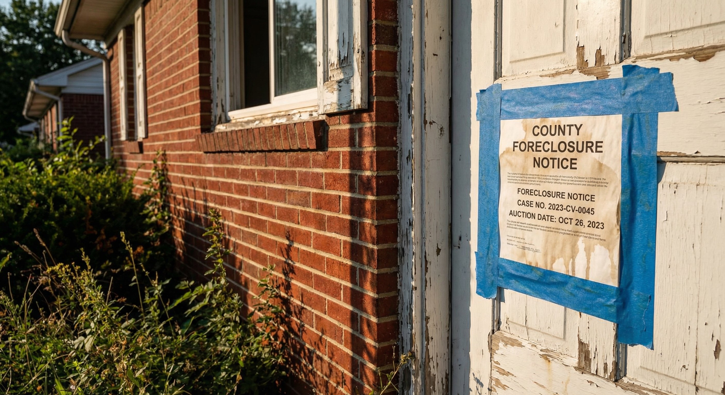 Worn foreclosure notice posted on the front door of a neglected brick ranch home with overgrown yard. Real estate documentary photography.