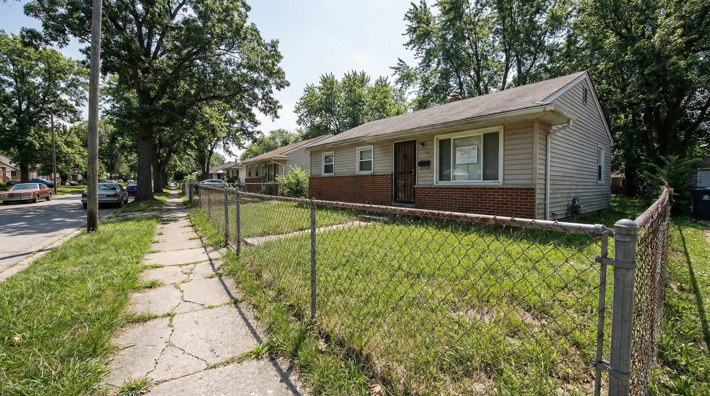 Pre-foreclosure property with chain-link fence, overgrown grass, and a handwritten foreclosure notice taped to the window. Real estate documentary photography.