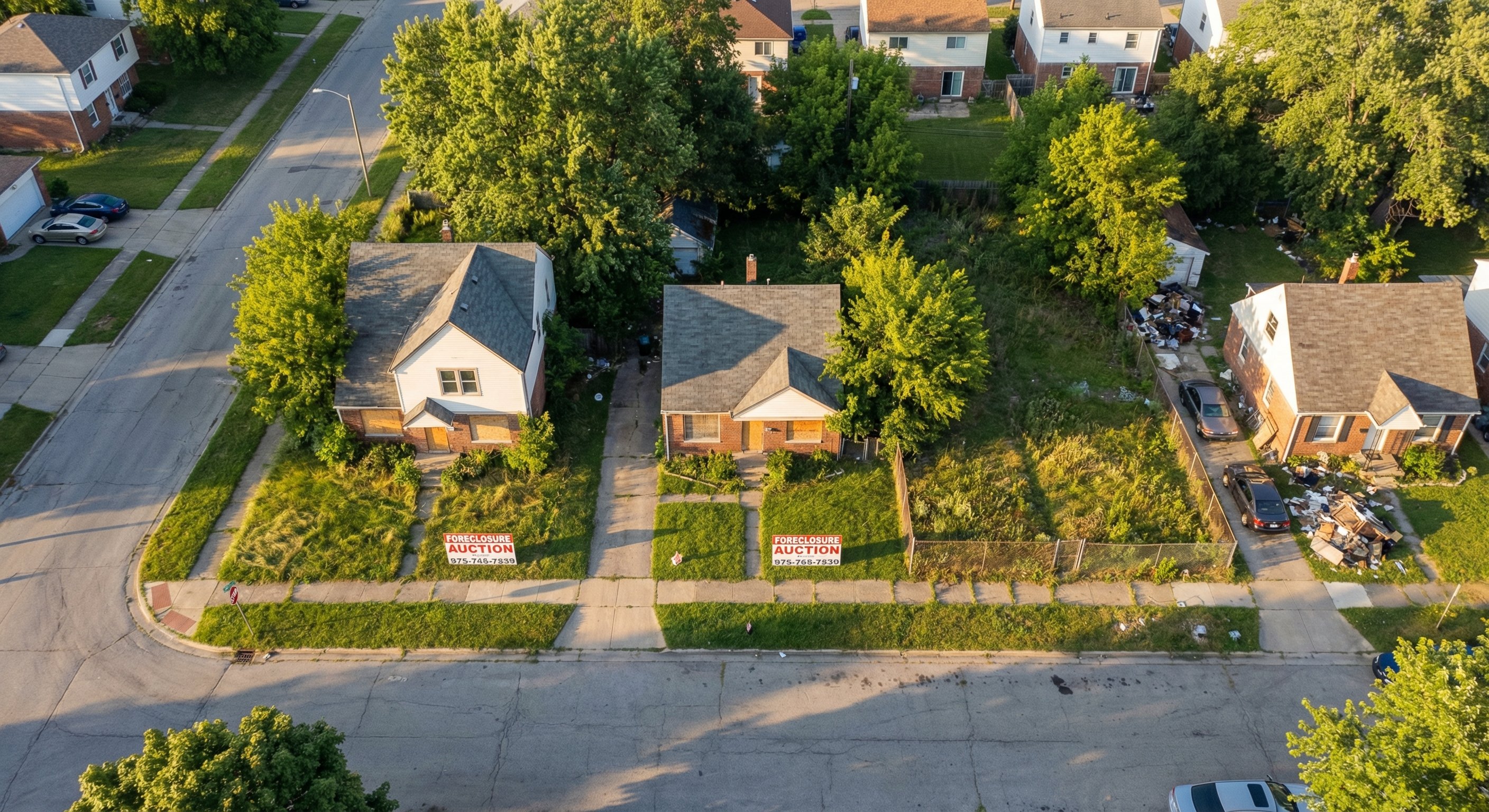 Aerial drone view of a suburban neighborhood with foreclosure auction signs on two properties, overhead golden hour. Real estate aerial photography.