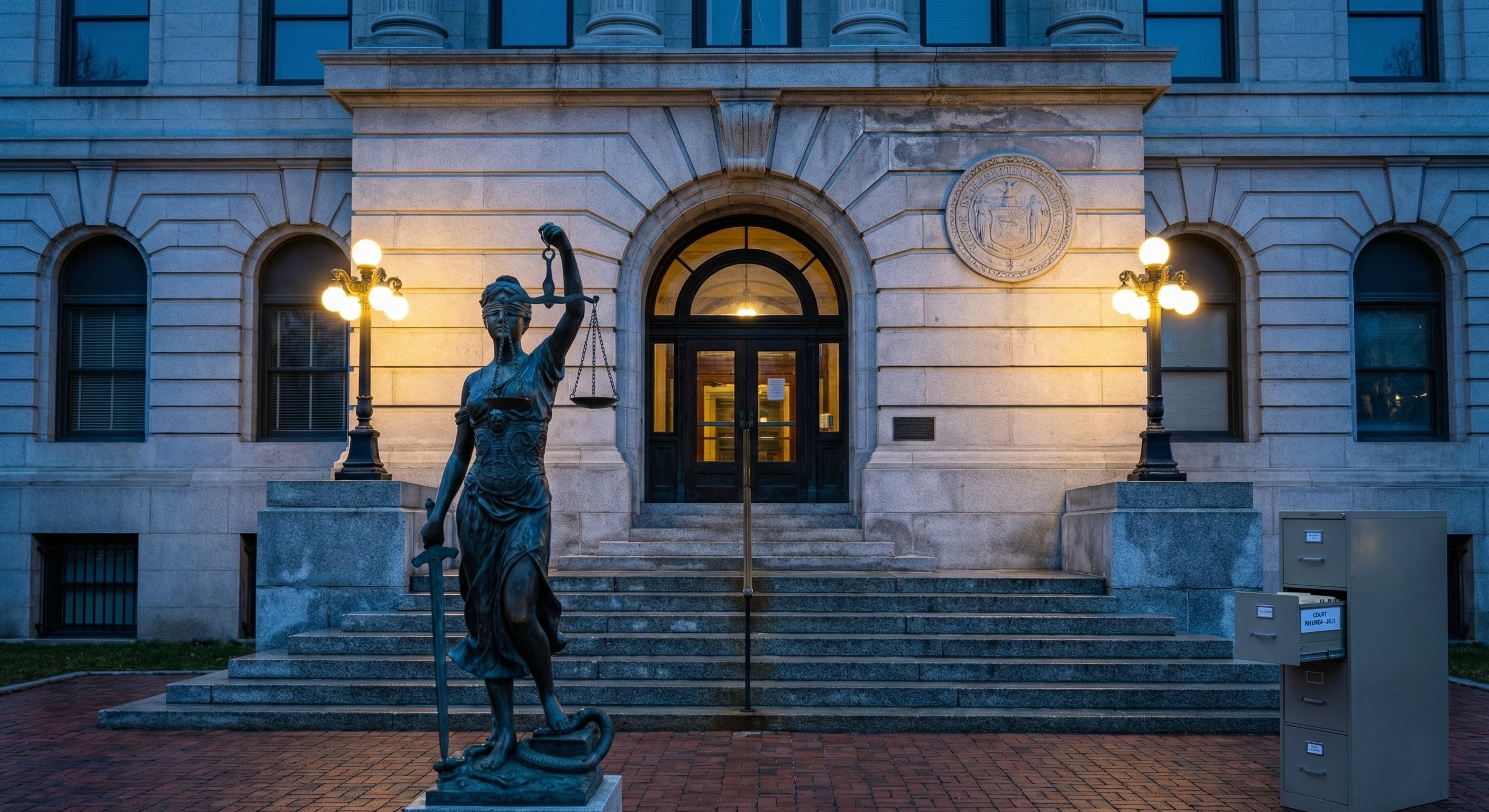 County courthouse exterior at dusk with warm streetlight, bronze Lady Justice statue in the plaza. Government building documentary photography.